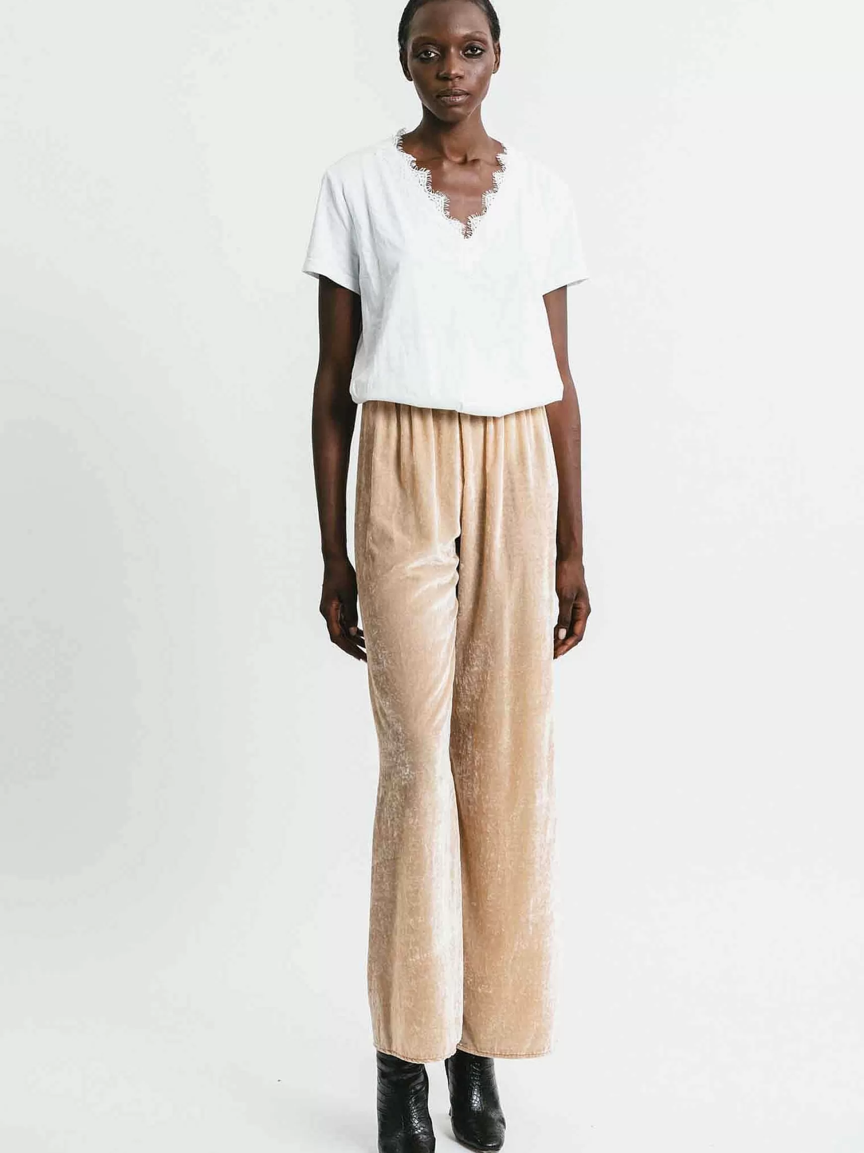 Abbigliamento Donna Pantalone In Velluto Beige Con Elastico In Vita*Pink Memories Fashion