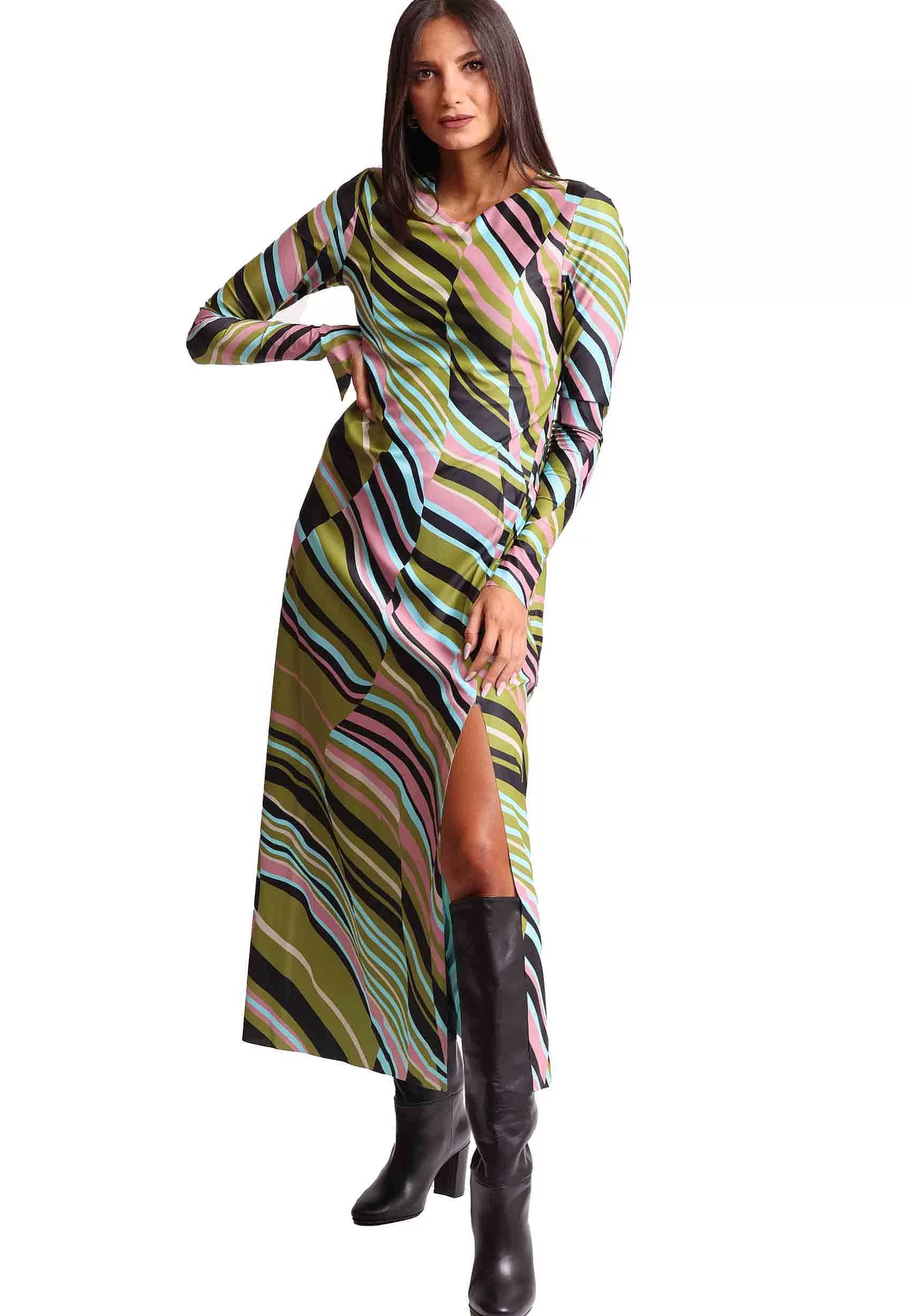 Abiti Donna Stripes In Jersey Verde E Rosa A Fantasia Con Spacco*Maliparmi Flash Sale
