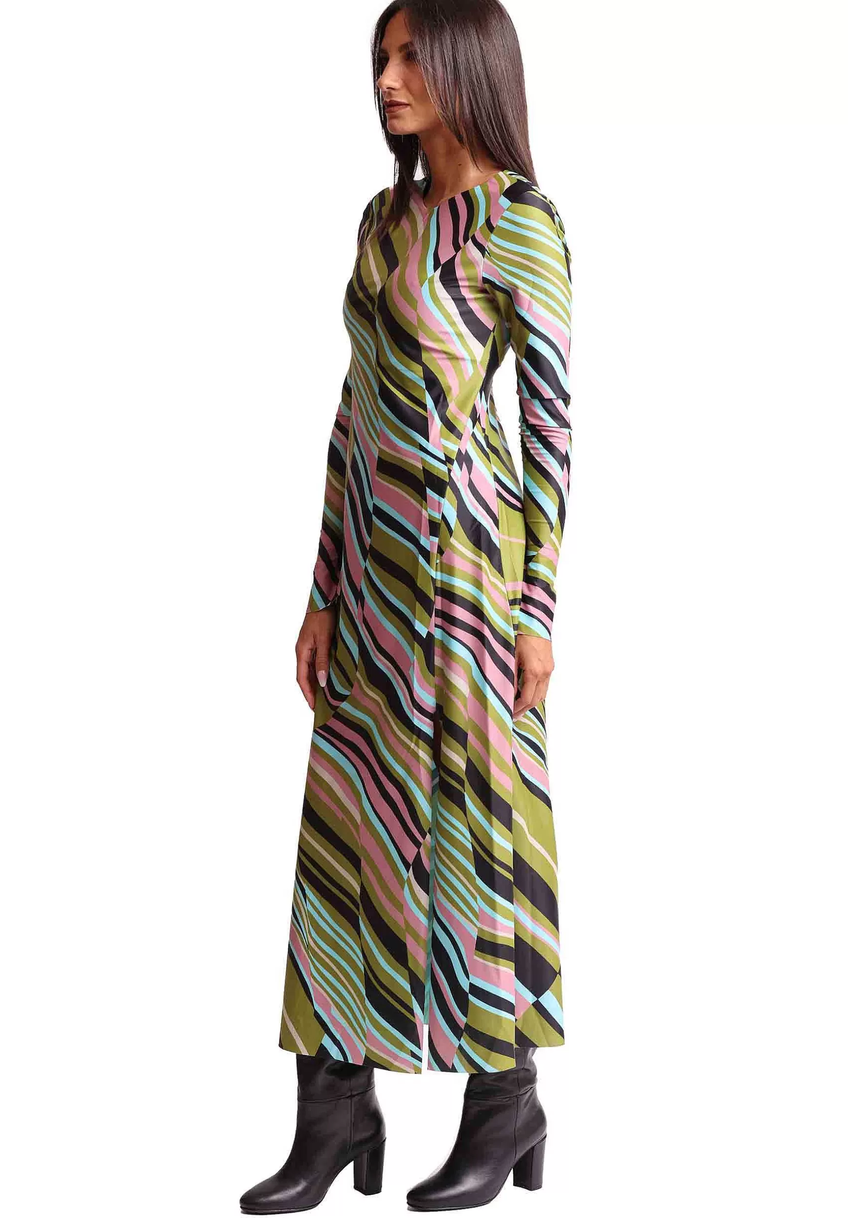 Abiti Donna Stripes In Jersey Verde E Rosa A Fantasia Con Spacco*Maliparmi Flash Sale