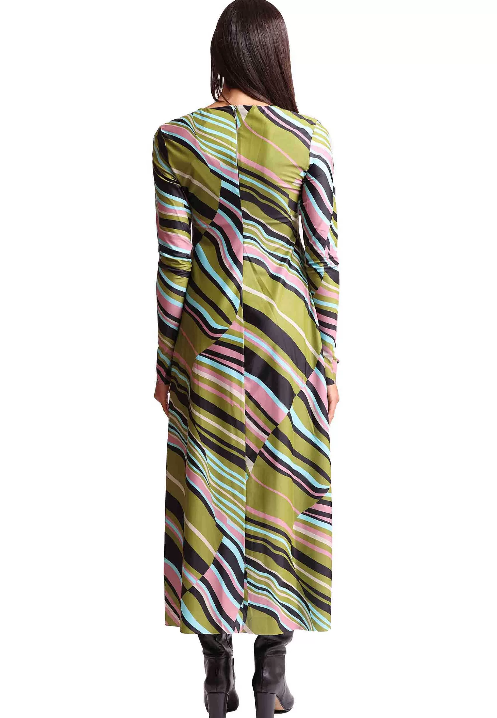 Abiti Donna Stripes In Jersey Verde E Rosa A Fantasia Con Spacco*Maliparmi Flash Sale