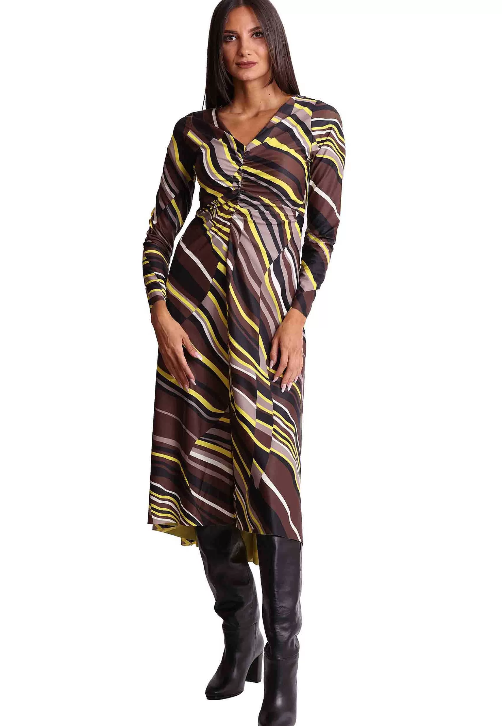 Abito Donna Stripes In Jersey Marrone E Senape A Fantasia Con Spacco*Maliparmi New