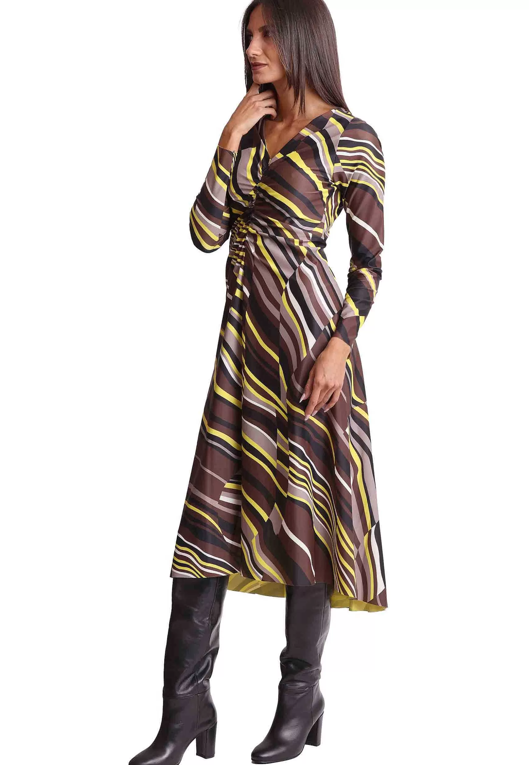 Abito Donna Stripes In Jersey Marrone E Senape A Fantasia Con Spacco*Maliparmi New
