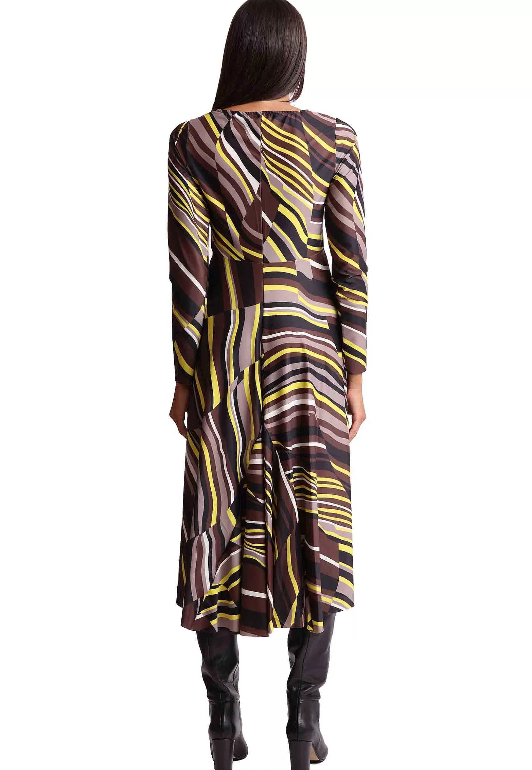 Abito Donna Stripes In Jersey Marrone E Senape A Fantasia Con Spacco*Maliparmi New