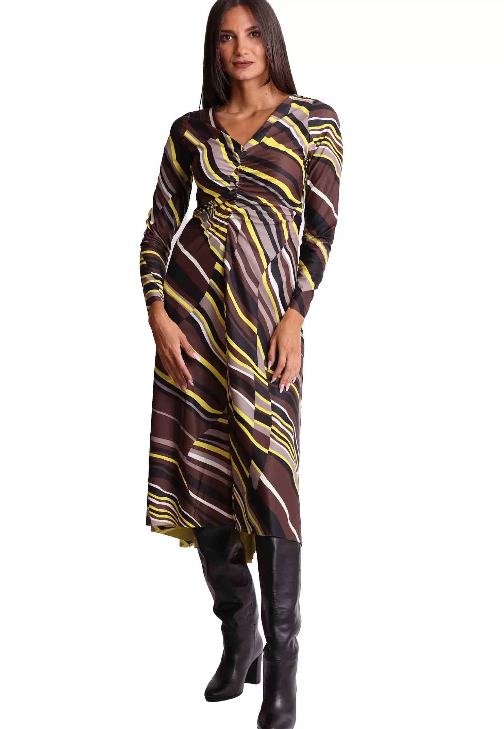 Abito Longuette Lyrical In Jersey Marrone E Senape A Fantasia*Maliparmi Best Sale
