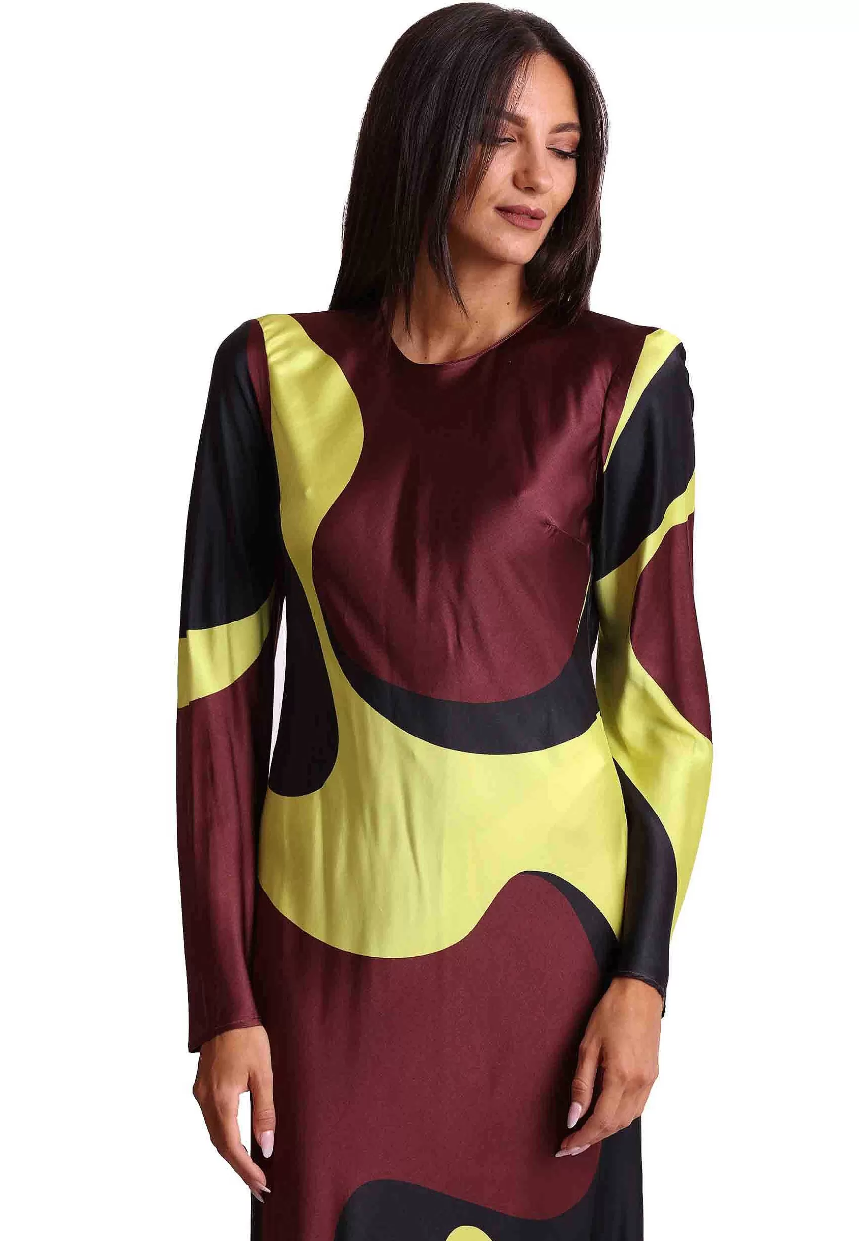 Abito Lungo Donna Clio In Raso Nero E Boedeaux A Fantasia*Maliparmi Discount