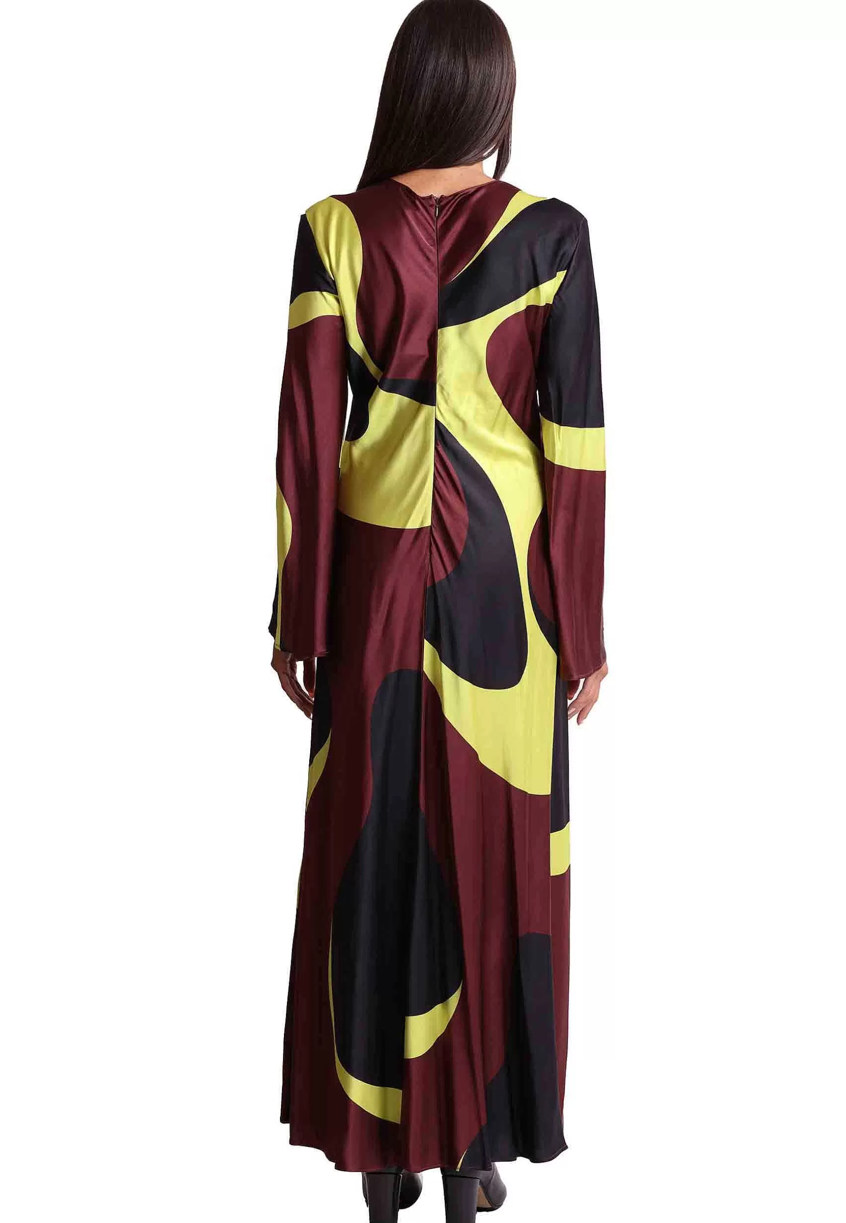 Abito Lungo Donna Clio In Raso Nero E Boedeaux A Fantasia*Maliparmi Discount