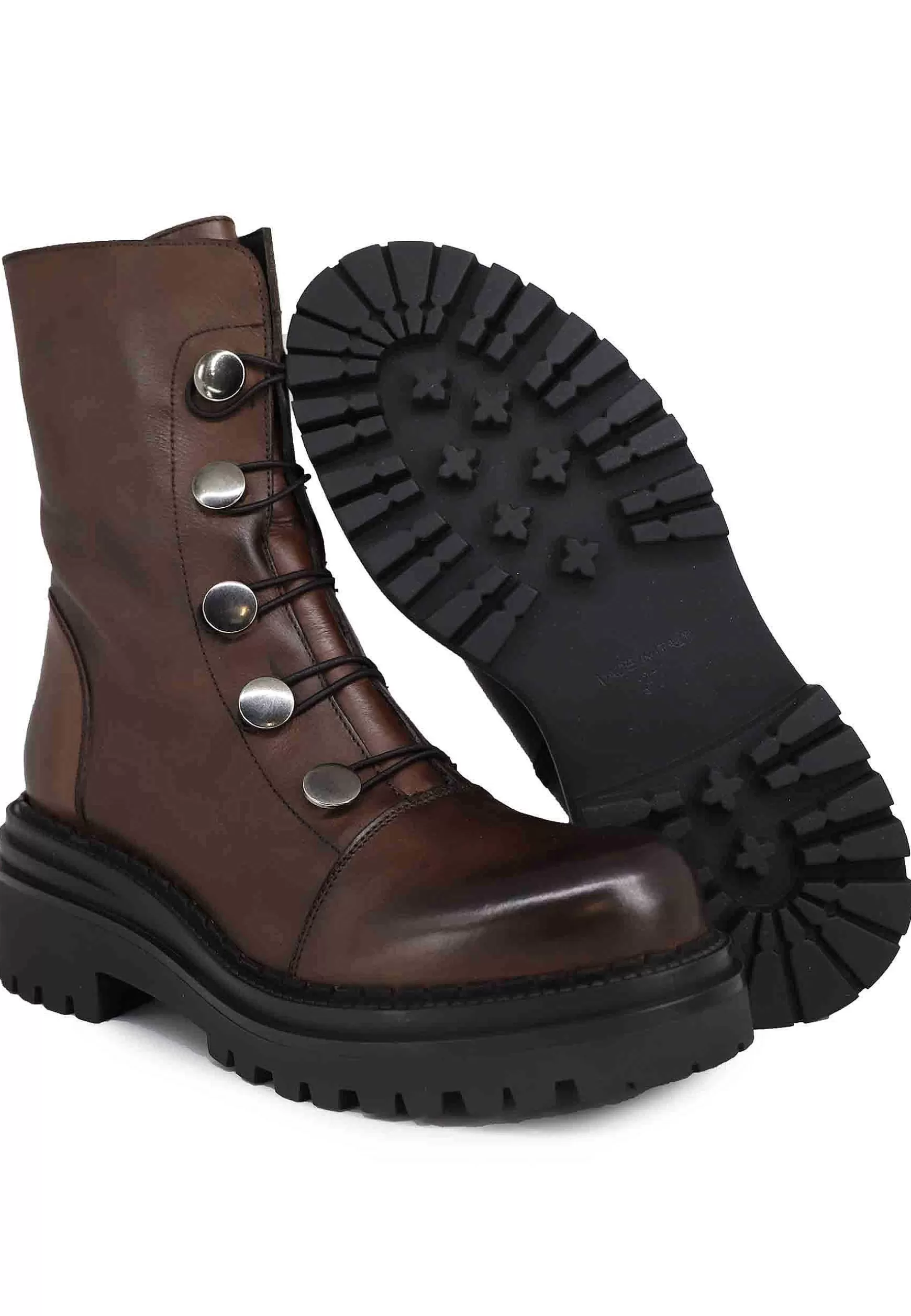 Anfibi Donna In Pelle Vintage Marrone Con Borchie E Suola In Gomma*Tattoo Best