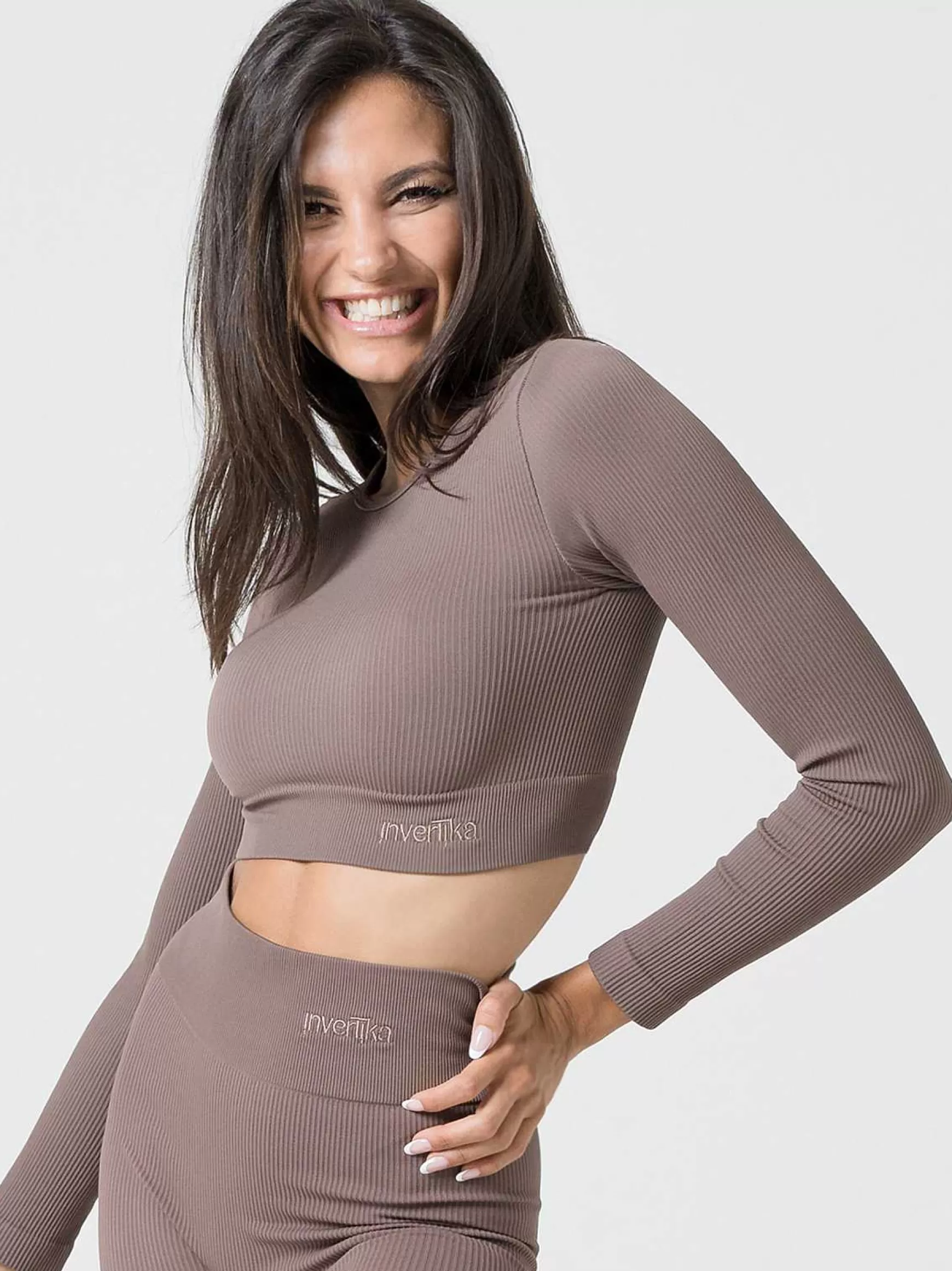 Armonika Crop Top Sportswear Donna In Microfibra Marrone Effetto Push Up Modellante E Contenitivo A Costine*Invertika Best
