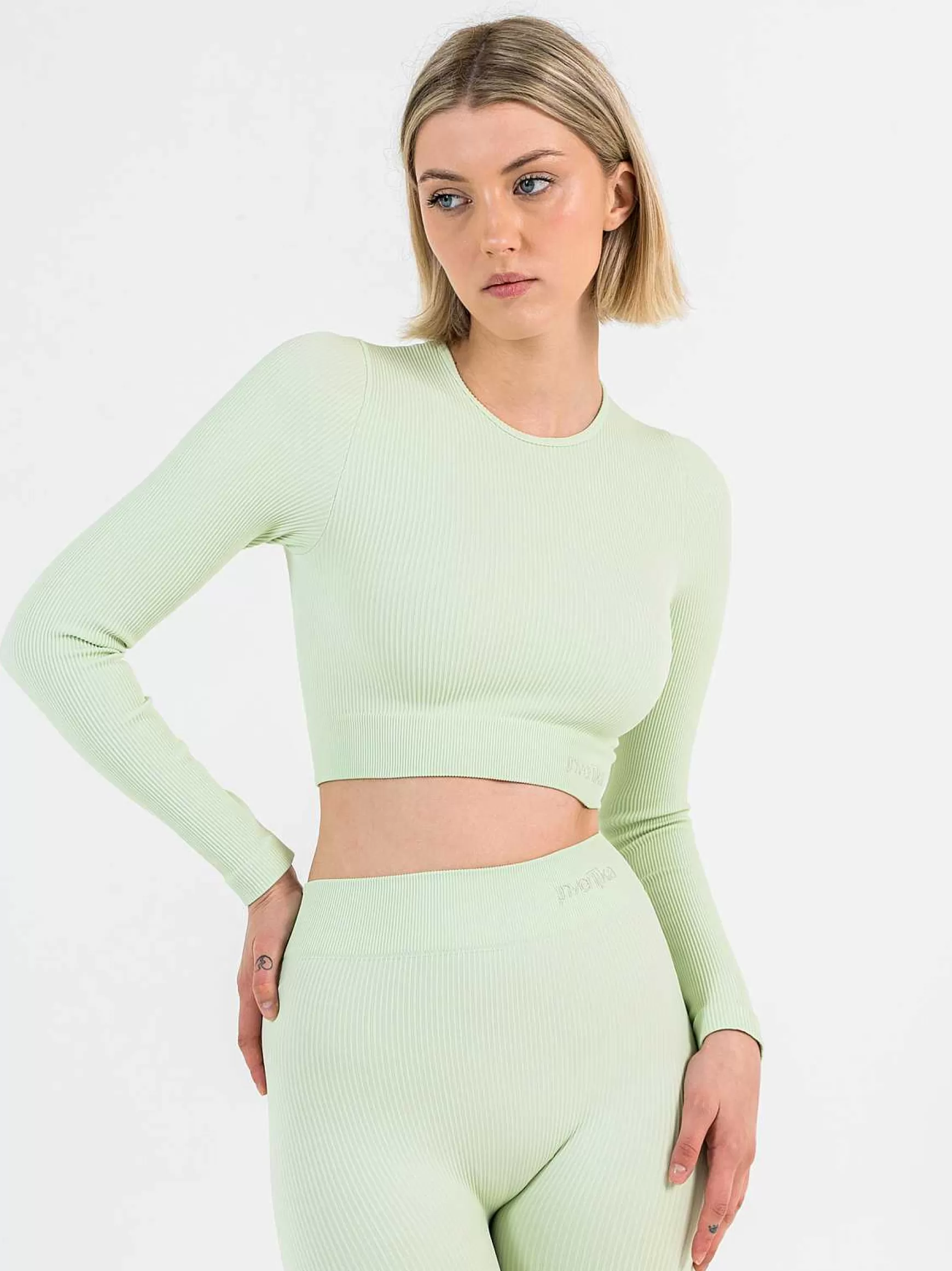 Armonika Crop Top Sportswear Donna In Microfibra Verde Effetto Push Up Modellante E Contenitivo A Costine*Invertika Shop