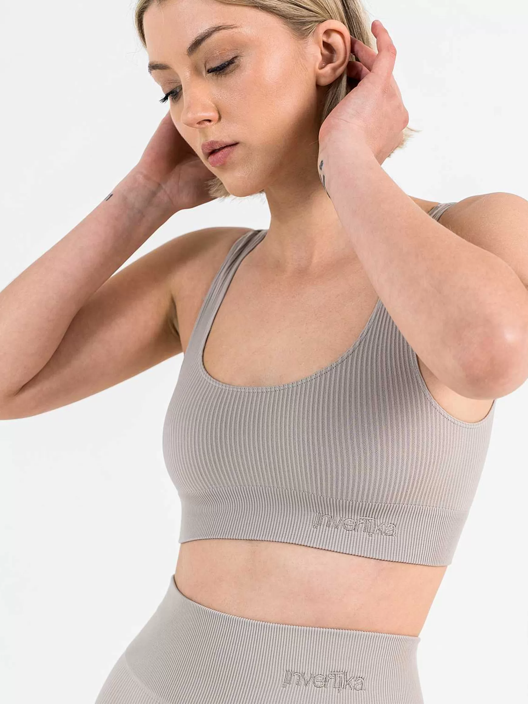 Armonika Top Sportswear Donna In Microfibra Beige Effetto Push Up Modellante E Contenitivo A Costine*Invertika Fashion