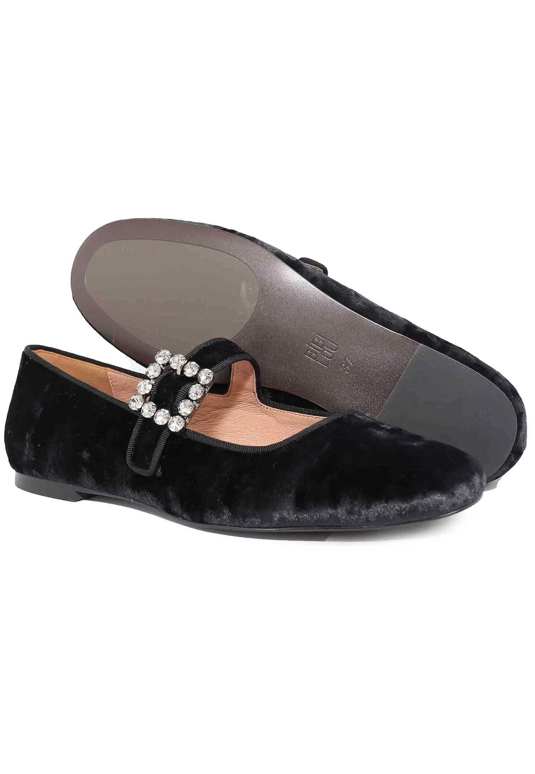 Ballerine Donna In Velluto Nero Con Cinturino Sul Collo Piede E Fibbia In Strass Essen*Bibi Lou Flash Sale