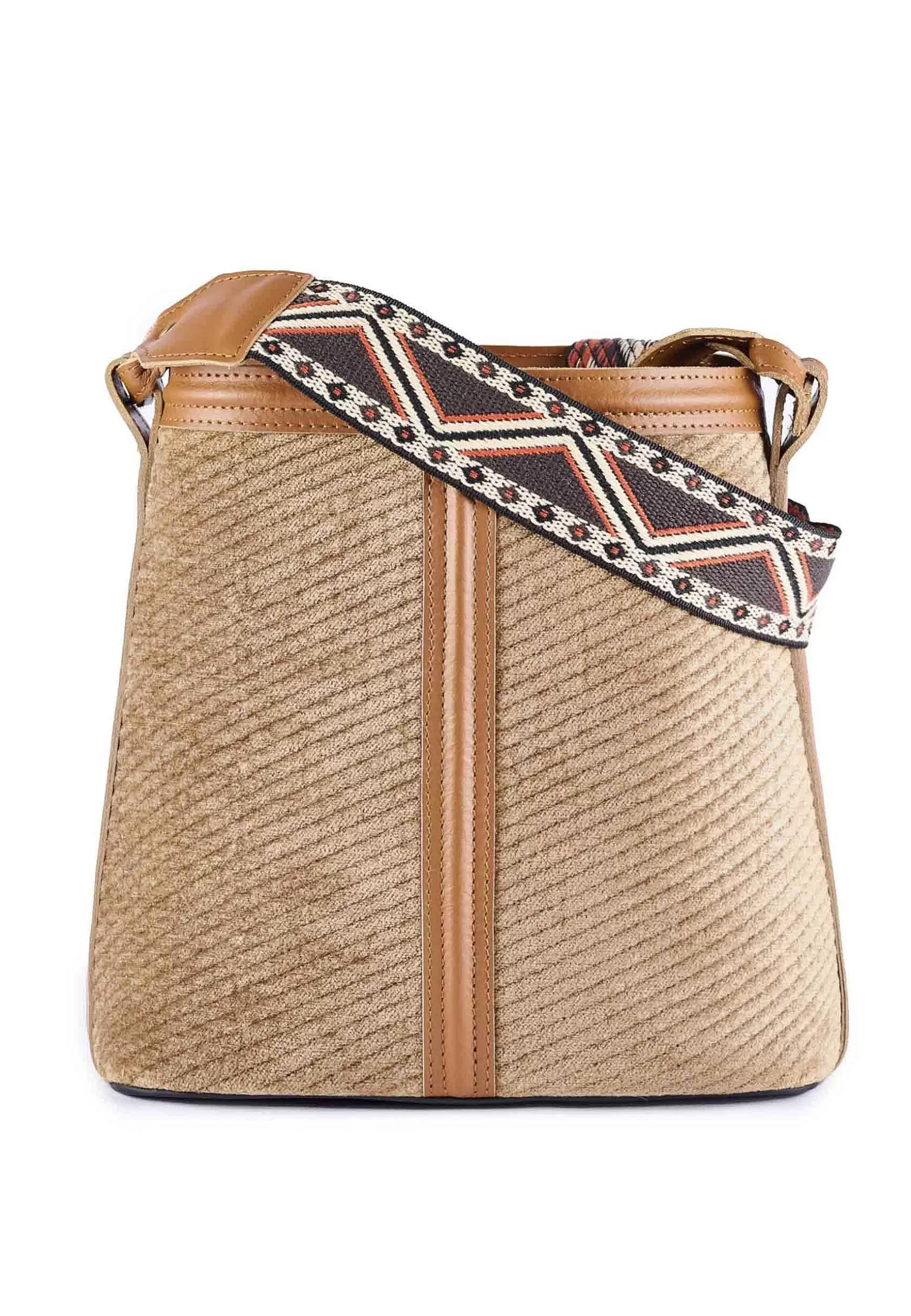Borsa A Spalla Donna In Ciniglia Beige Con Tracolla Etnica*Via Mail Bag Sale