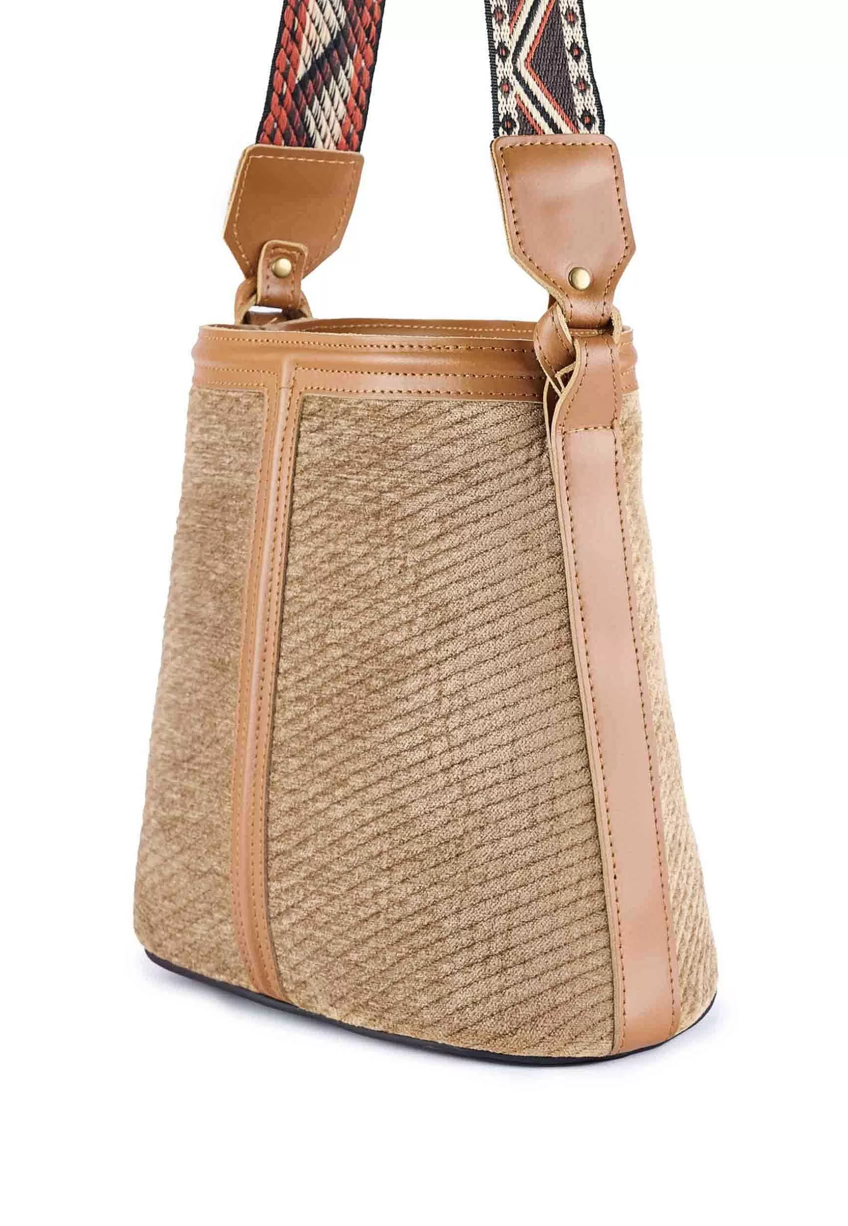 Borsa A Spalla Donna In Ciniglia Beige Con Tracolla Etnica*Via Mail Bag Sale
