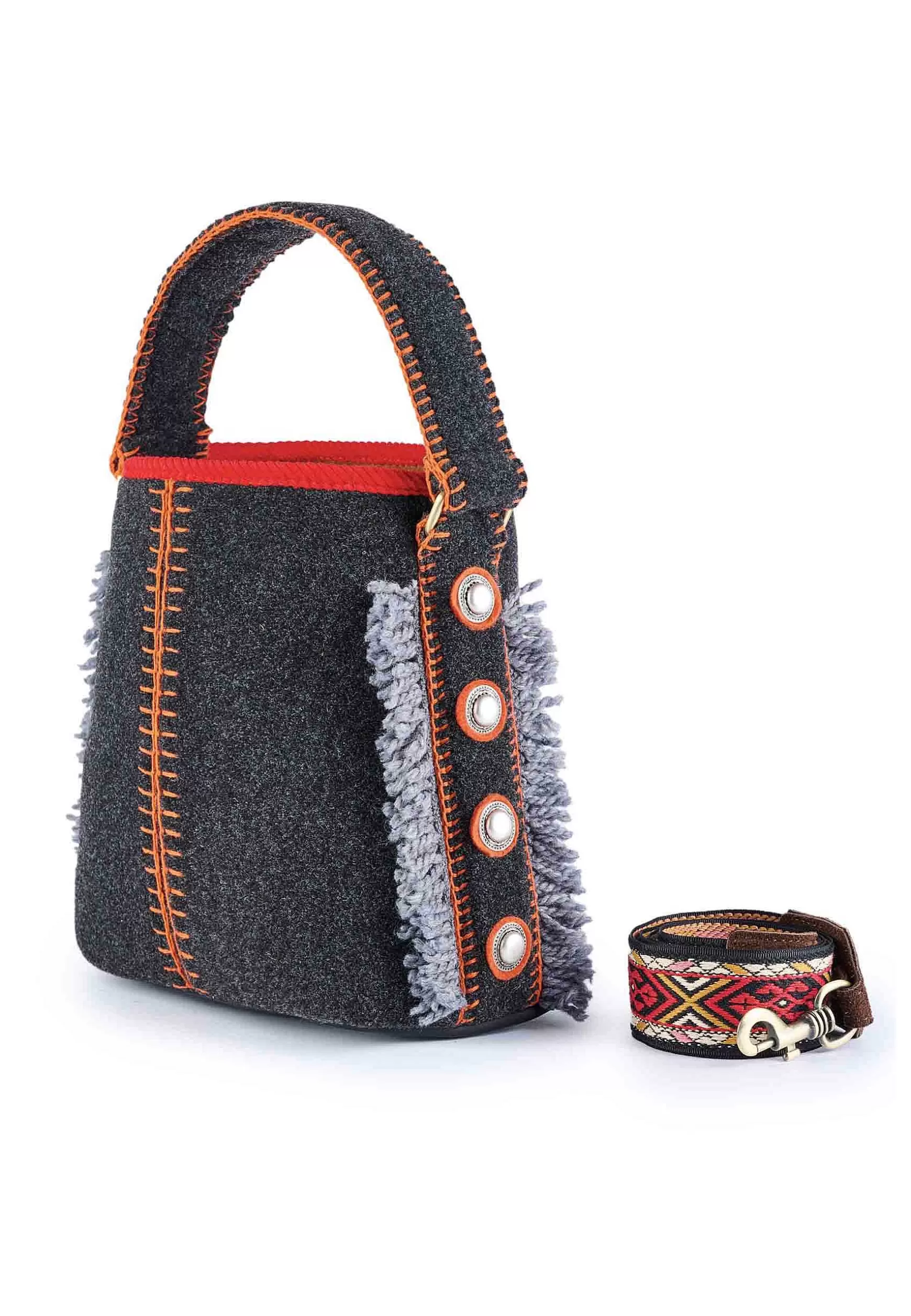 Borsa A Spalla Donna In Feltro Blu Con Impunture E Tracolla Etnica*Via Mail Bag New