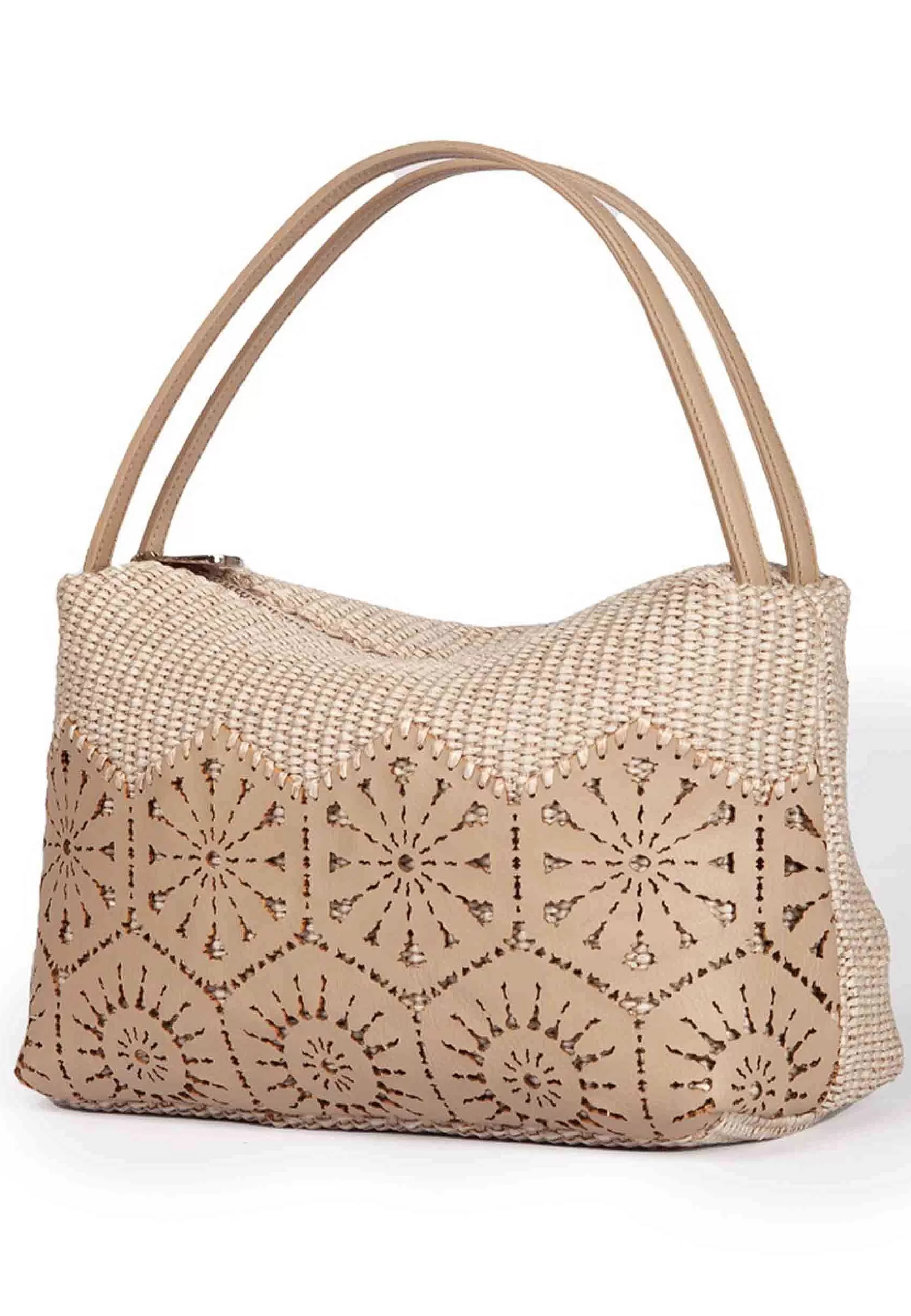 Borsa Donna A Spalla In Tessuto E Pelle Beige Con Doppi Manici*Roberta Gandolfi Sale