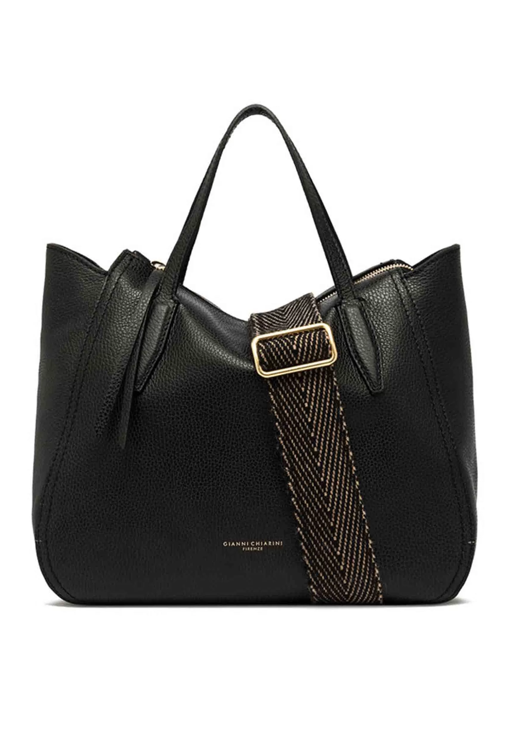 Borsa Donna A Tracolla Megan In Pelle Nera Con Doppi Manici In Pelle E Tracolla In Tessuto Spigato*Gianni Chiarini New