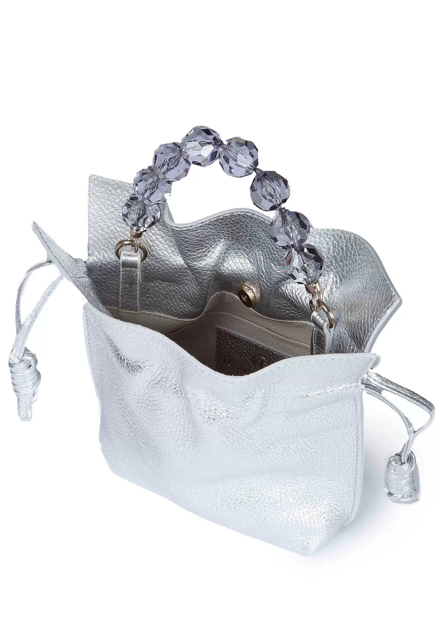 Borsa Donna In Pelle Argento Con Chiusura Coulisse E Manico Gioiello*Roberta Gandolfi Clearance