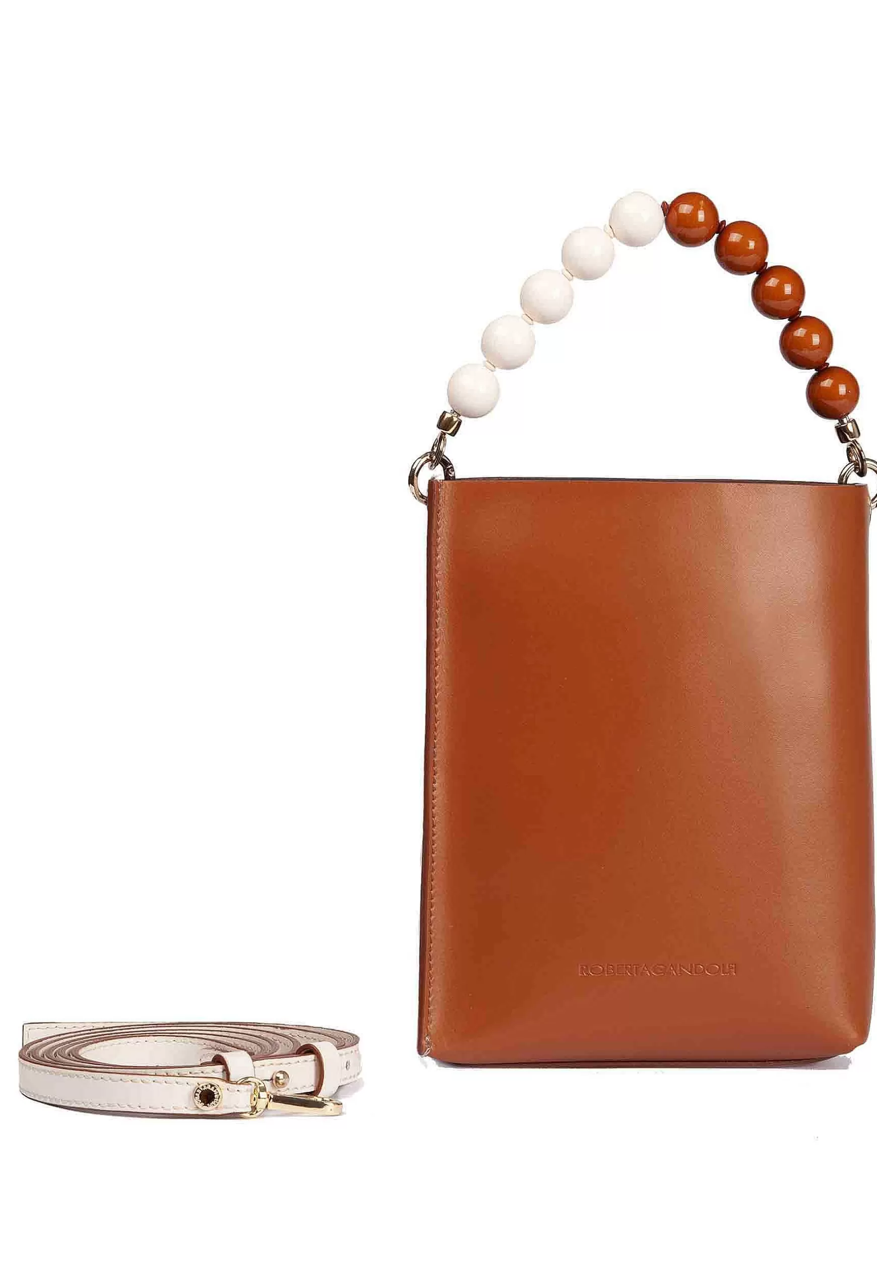 Borsa Donna In Pelle Bicolore Cuoio E Panna Con Manico Gioiello*Roberta Gandolfi Cheap