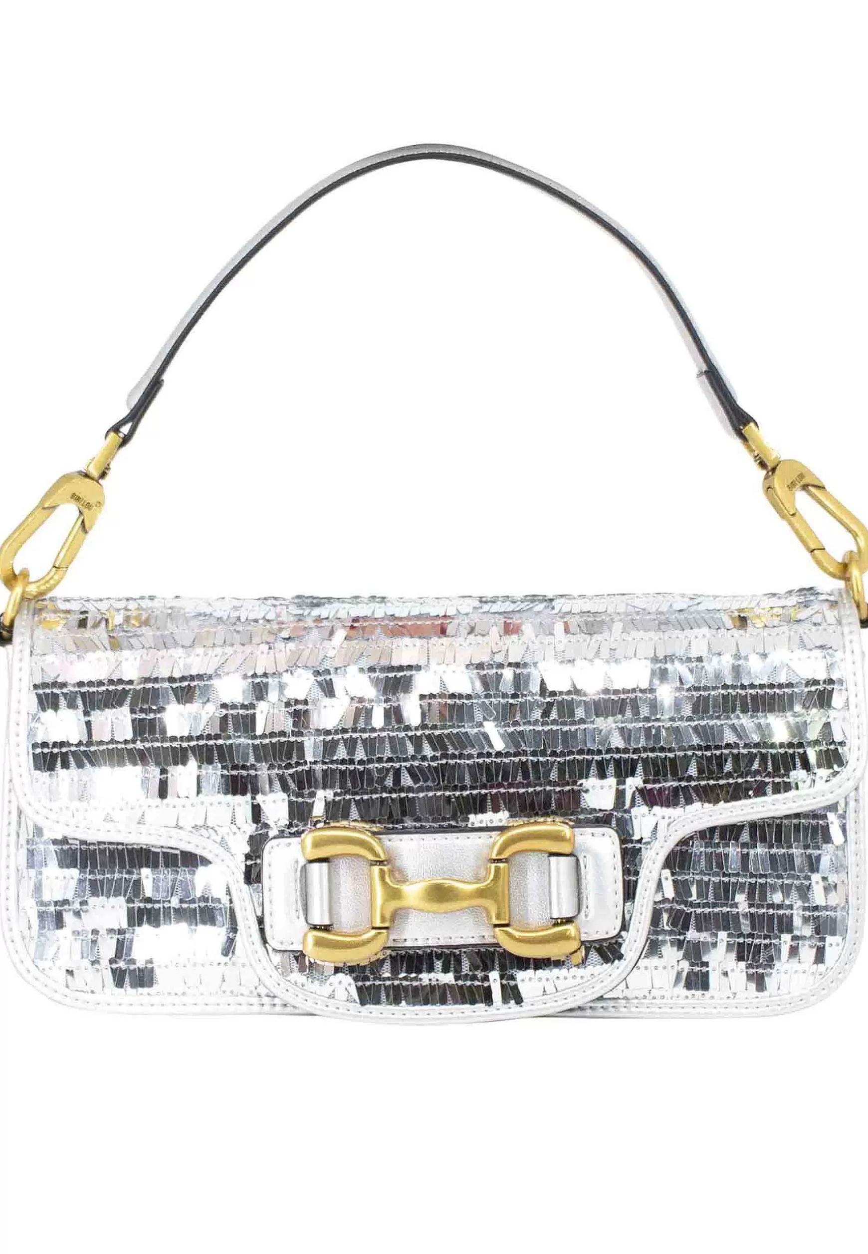 Borsa Donna In Tessuto Di Paillettes Argento Con Fibbia In Oro Manico In Tinta E Tracolla In Catena*Bibi Lou Cheap