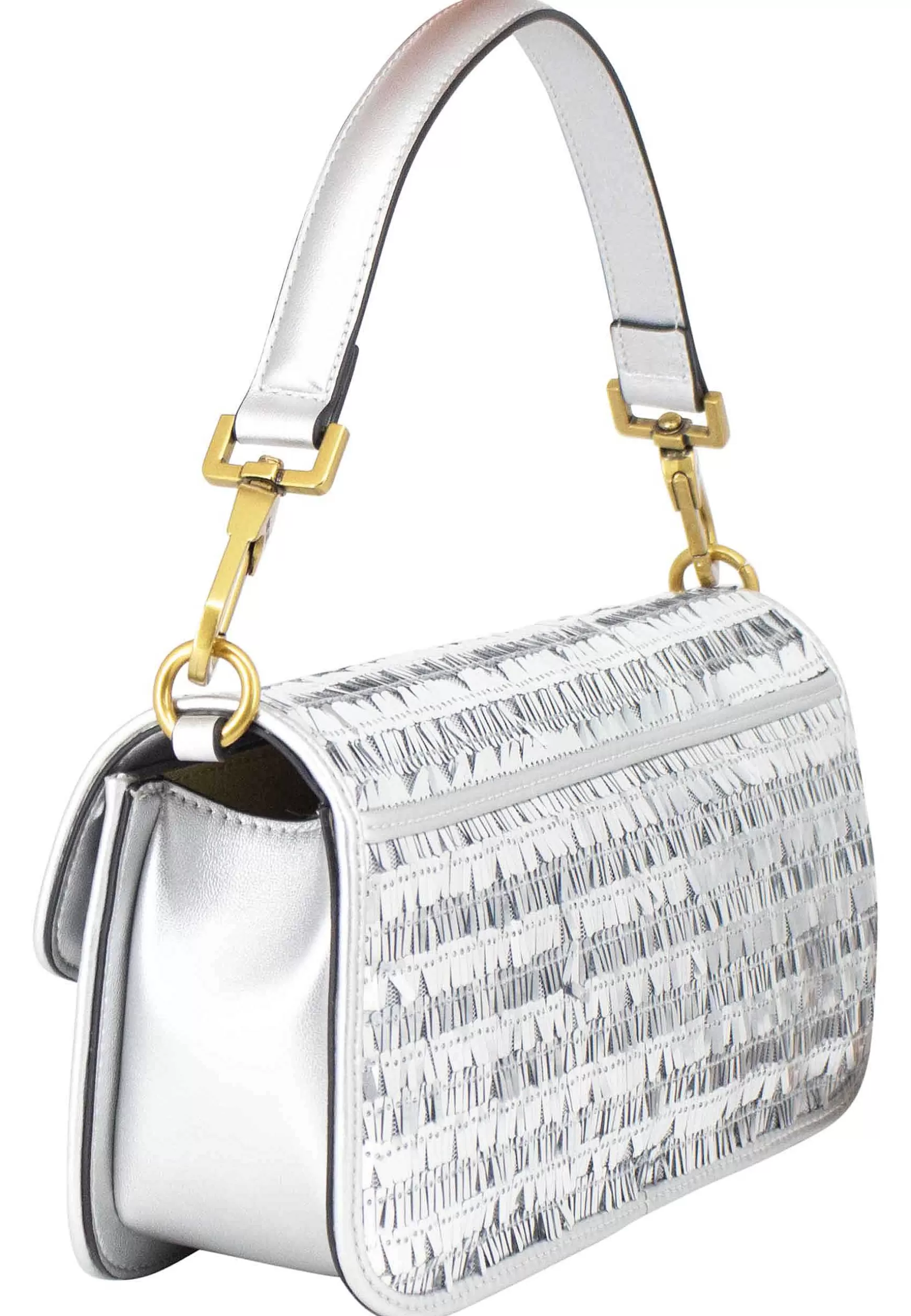 Borsa Donna In Tessuto Di Paillettes Argento Con Fibbia In Oro Manico In Tinta E Tracolla In Catena*Bibi Lou Cheap