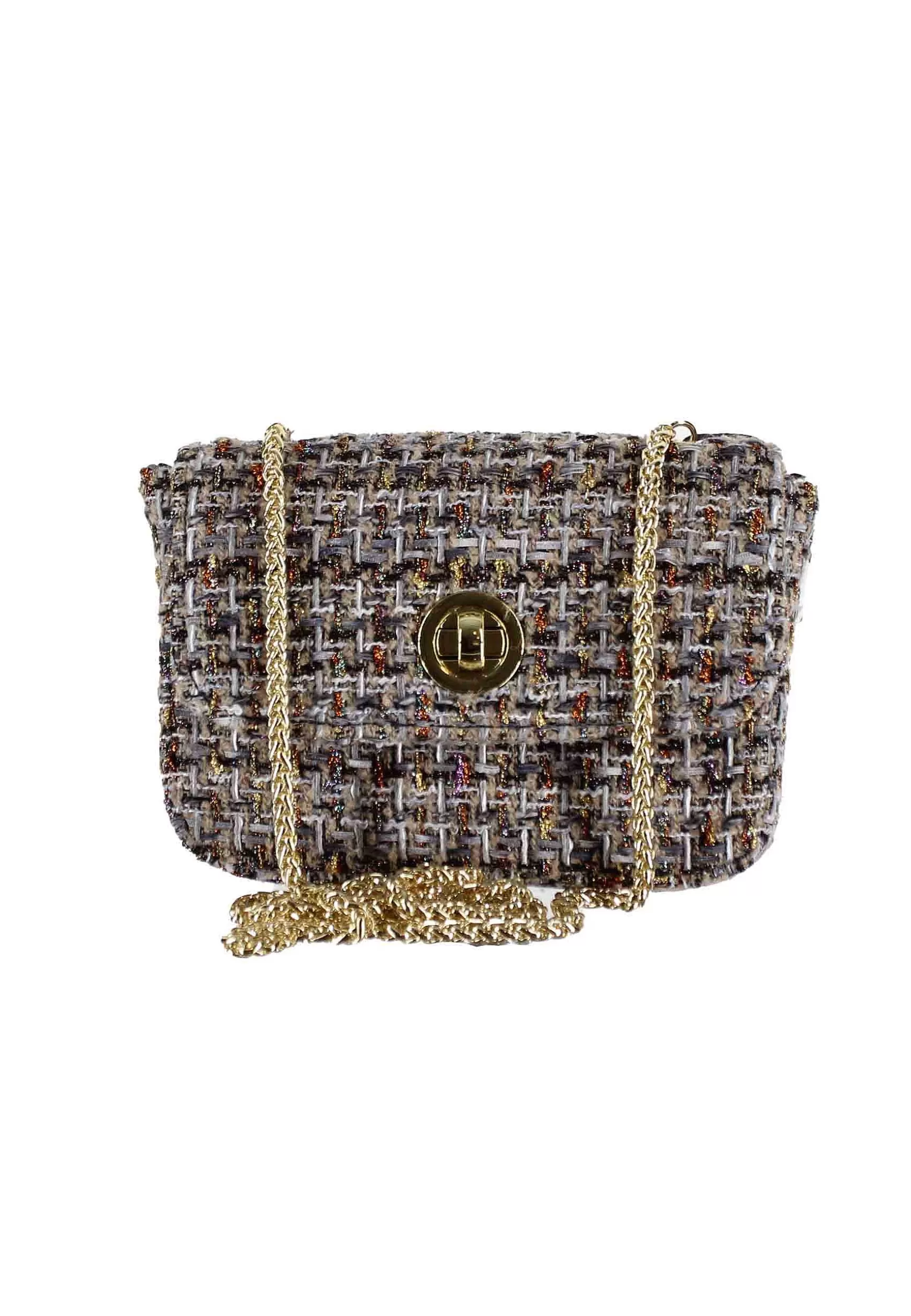 Borsa Pochette Donna In Lana Boucle Taupe Con Catena Oro*Kassiopea Outlet