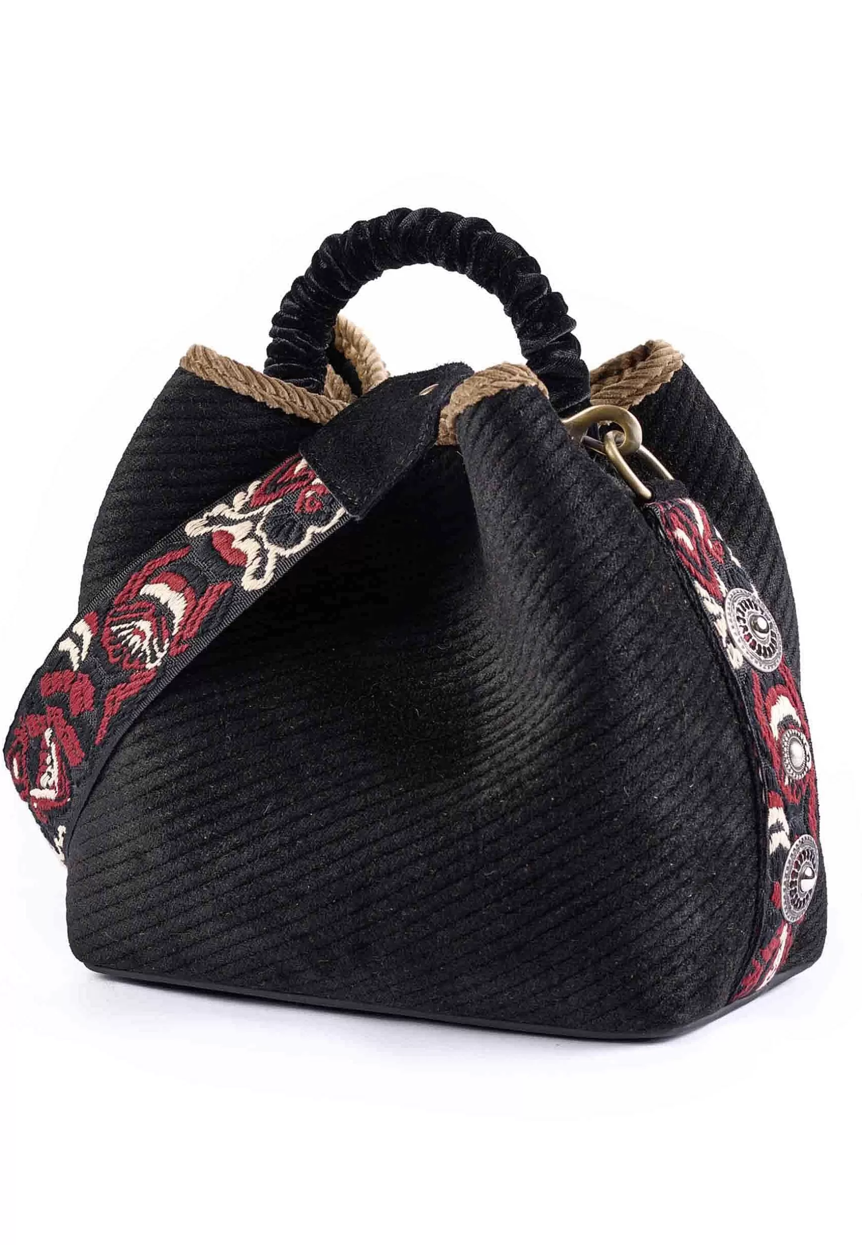 Borsa Secchiello Donna In Ciniglia Nera Con Tacolla Etnica E Borchie*Via Mail Bag Best