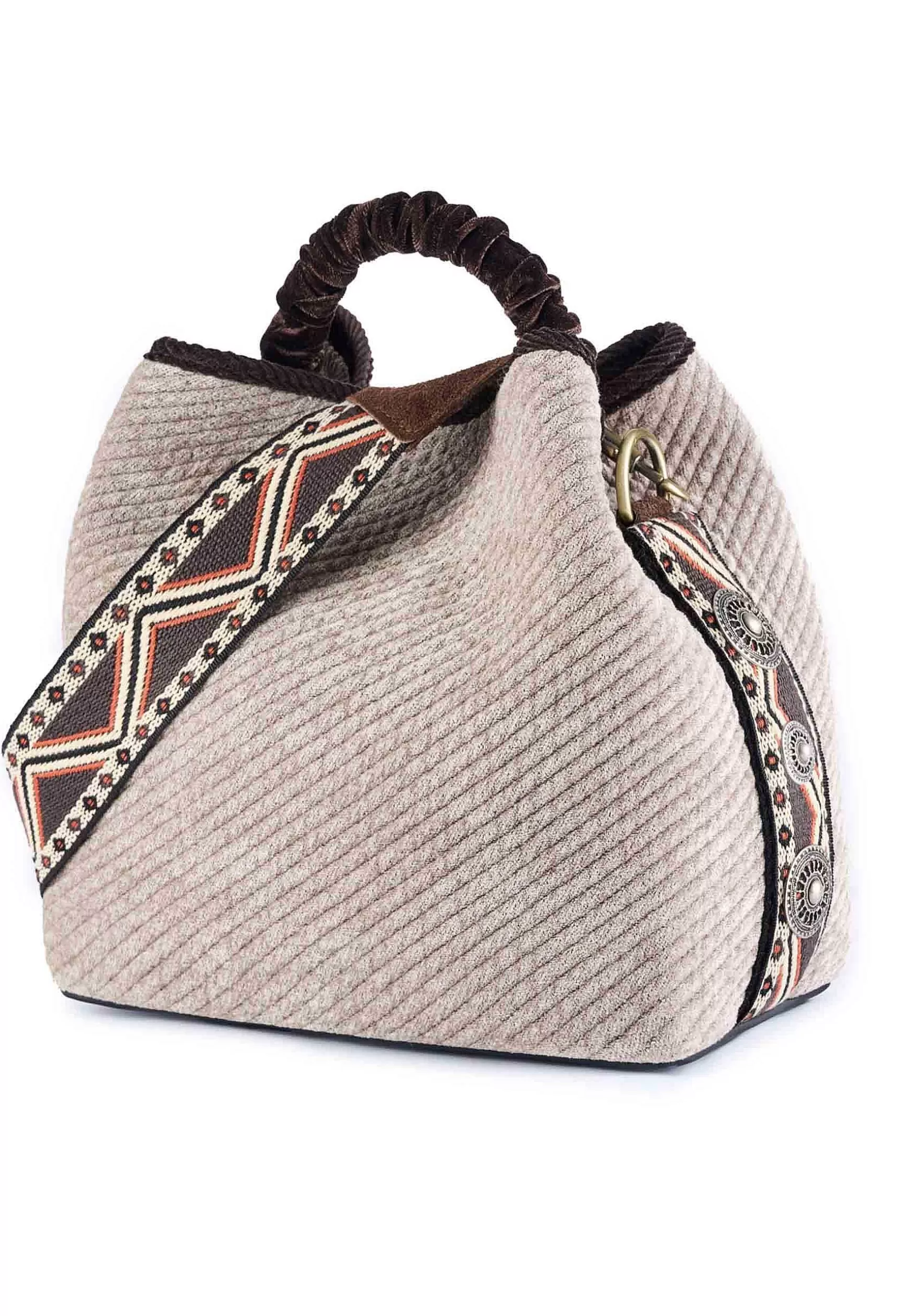 Borsa Secchiello Donna In Ciniglia Panna Con Tacolla Etnica E Borchie*Via Mail Bag Cheap