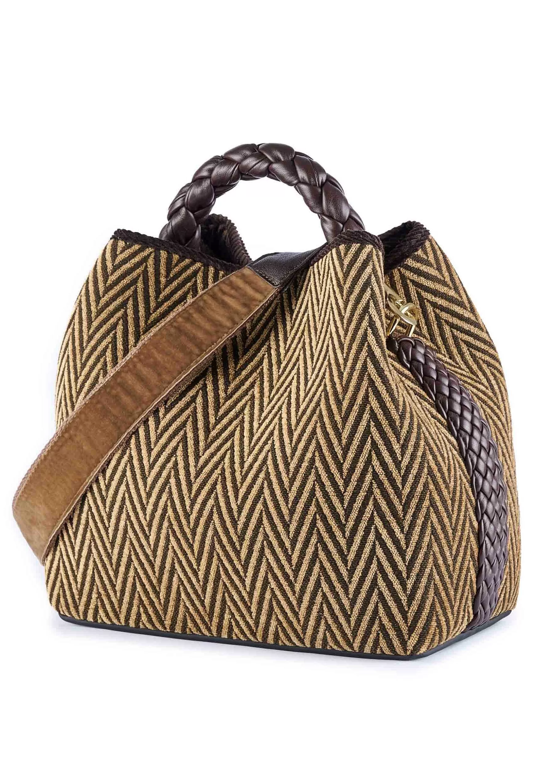 Borsa Secchiello Donna In Jacquard Spigato Beige Con Tracolla In Velluto*Via Mail Bag Flash Sale