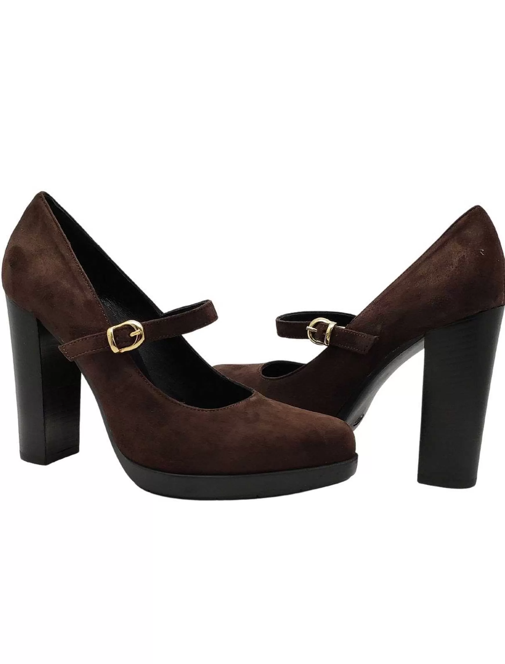 Calzature Donna Decollete Donna In Camoscio Testa Di Moro Con Cinturino In Tinta** Discount