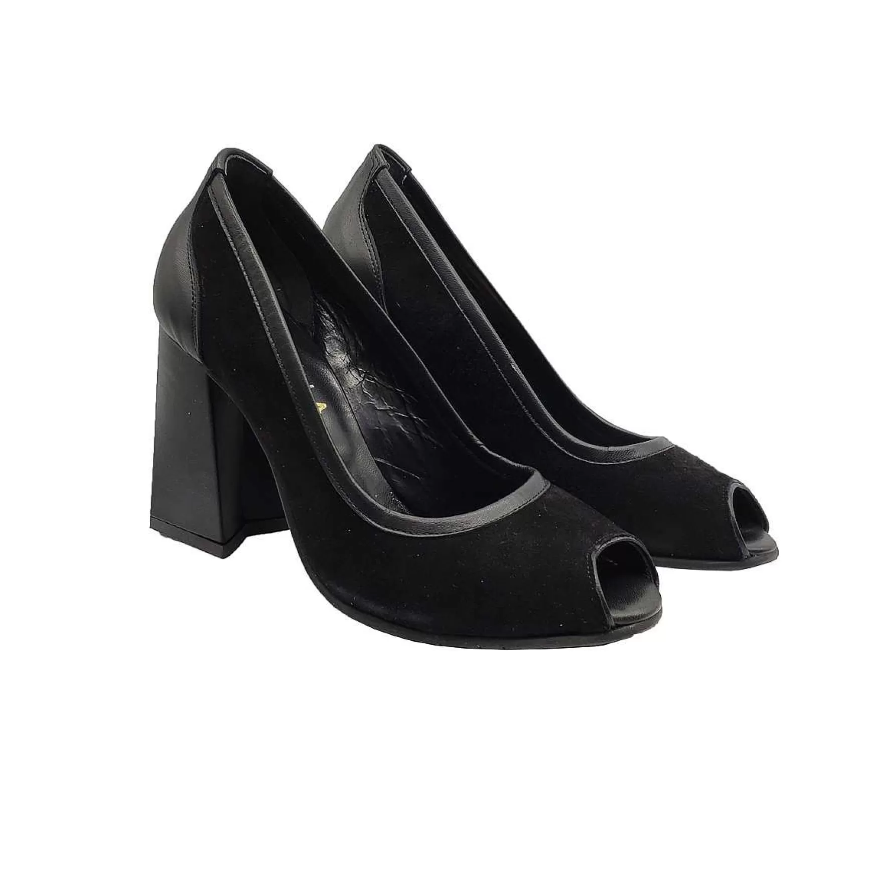 Calzature Donna Decollete Open Toe In Camoscio E Pelle Nera Tacco Alto** Fashion