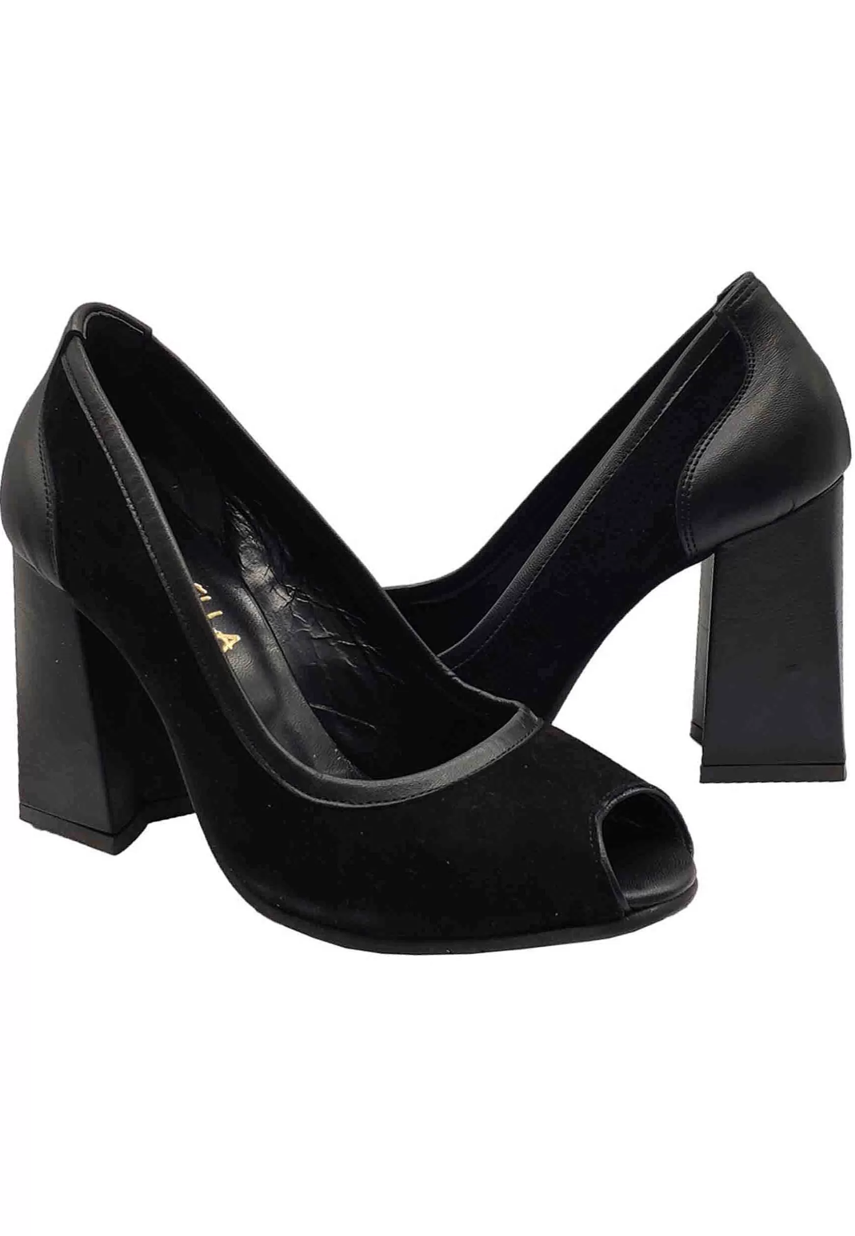 Calzature Donna Decollete Open Toe In Camoscio E Pelle Nera Tacco Alto** Fashion