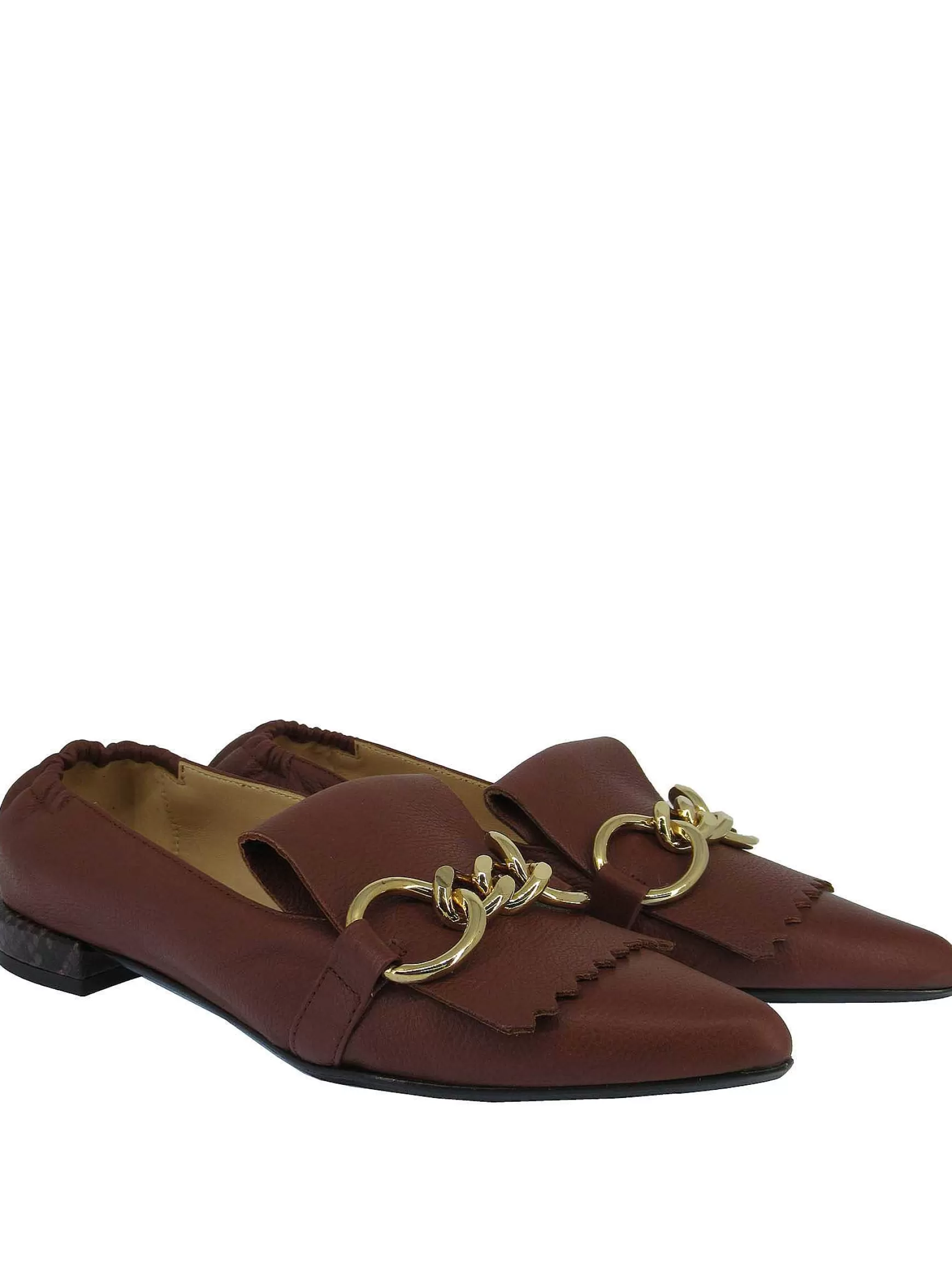 Calzature Donna Mocassini In Pelle Cuoio Con Frange E Catena Oro Punta A Punta E Tacco Basso*Fabio Rusconi Clearance