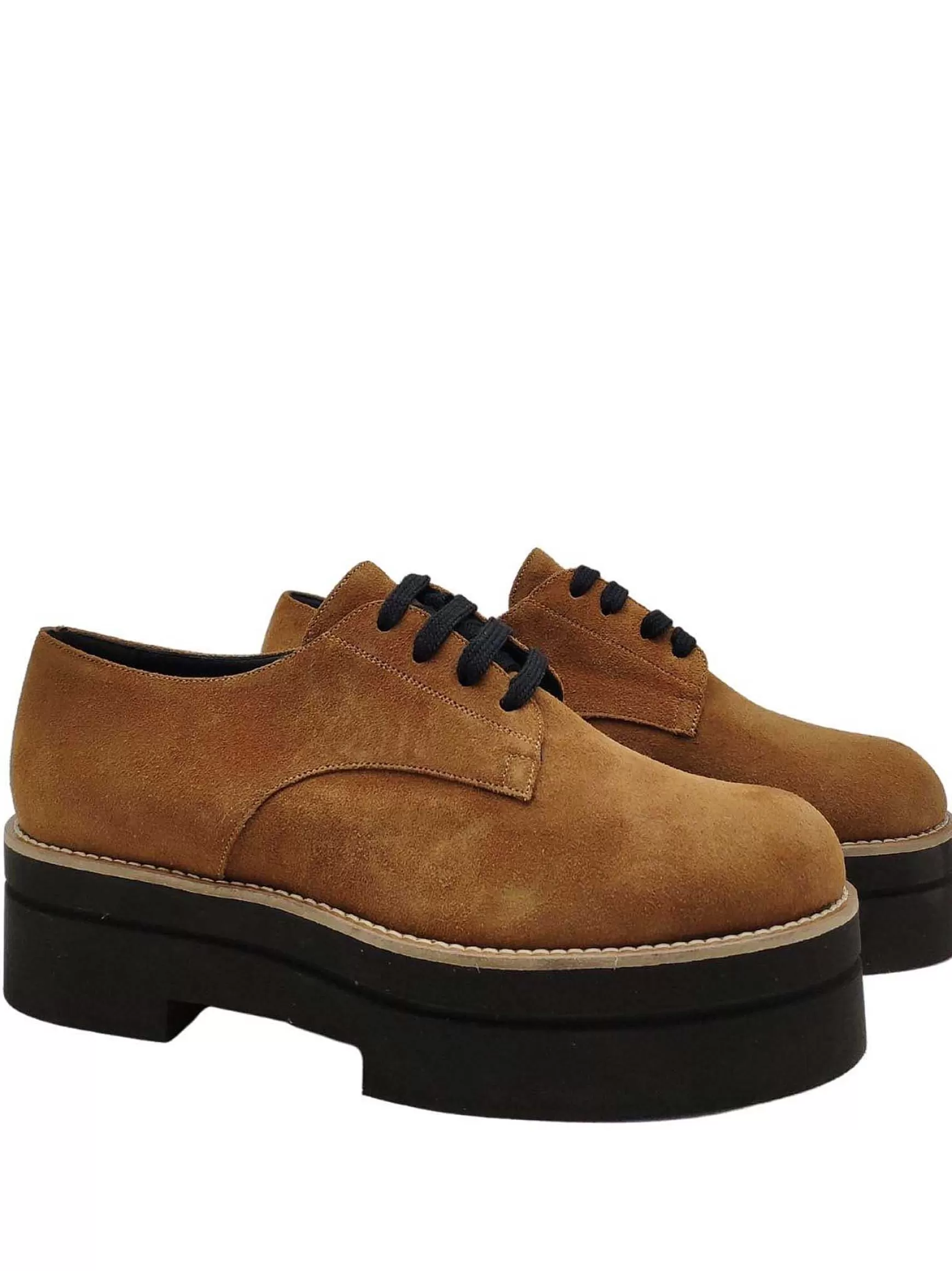 Calzature Donna Scarpe Stringate In Camoscio Cuoio Con Zeppa In Gomma*Tattoo Fashion