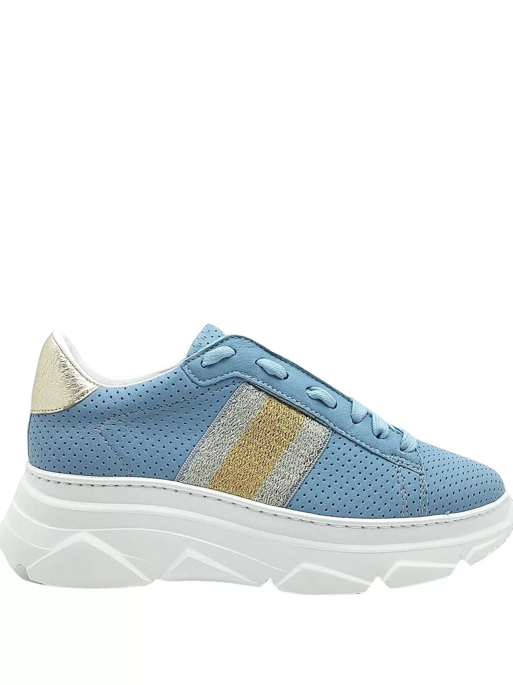Calzature Donna Sneakers In Pelle Celeste Forata Con Banda Laminata Laterale E Fondo Zeppa In Gomma*Stokton Hot