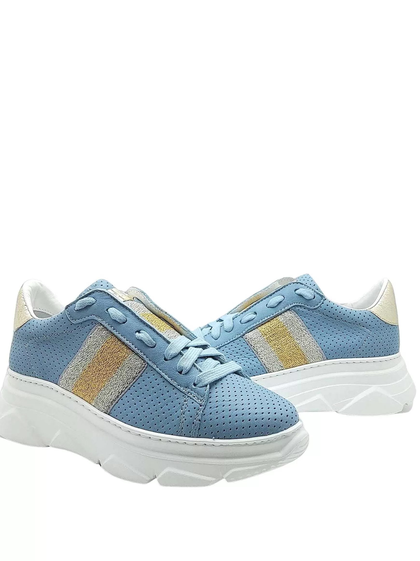 Calzature Donna Sneakers In Pelle Celeste Forata Con Banda Laminata Laterale E Fondo Zeppa In Gomma*Stokton Hot