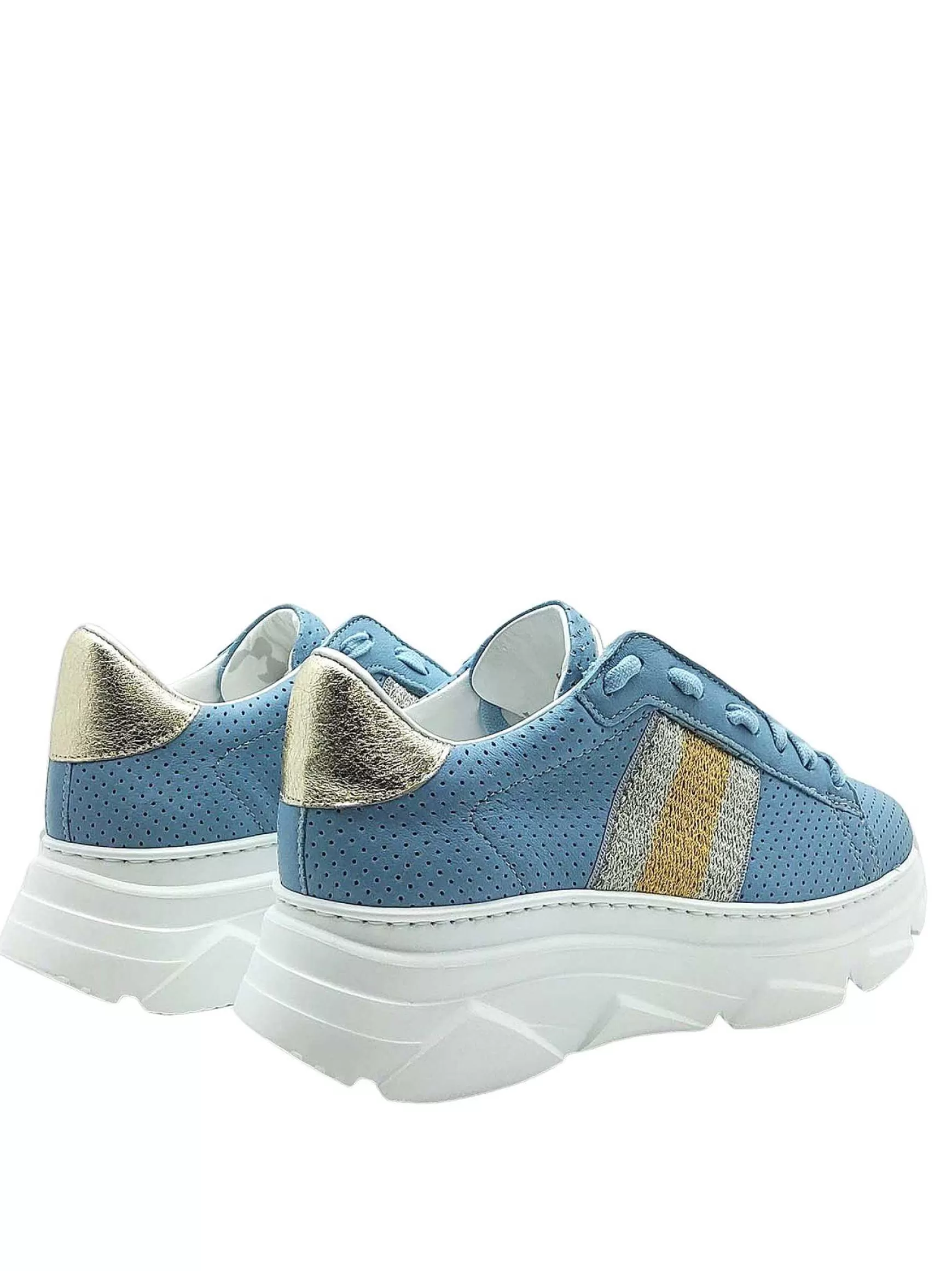 Calzature Donna Sneakers In Pelle Celeste Forata Con Banda Laminata Laterale E Fondo Zeppa In Gomma*Stokton Hot