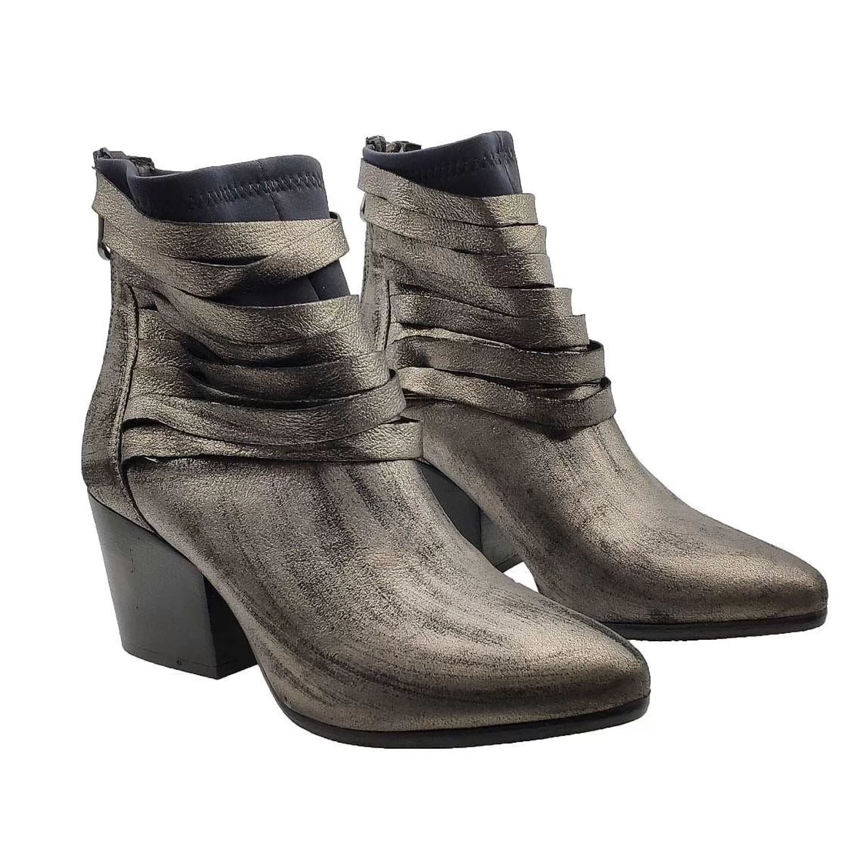 Calzature Donna Stivaletti In Pelle Laminata Argento Con Tagli Tono Su Tono E Tacco Medio** New