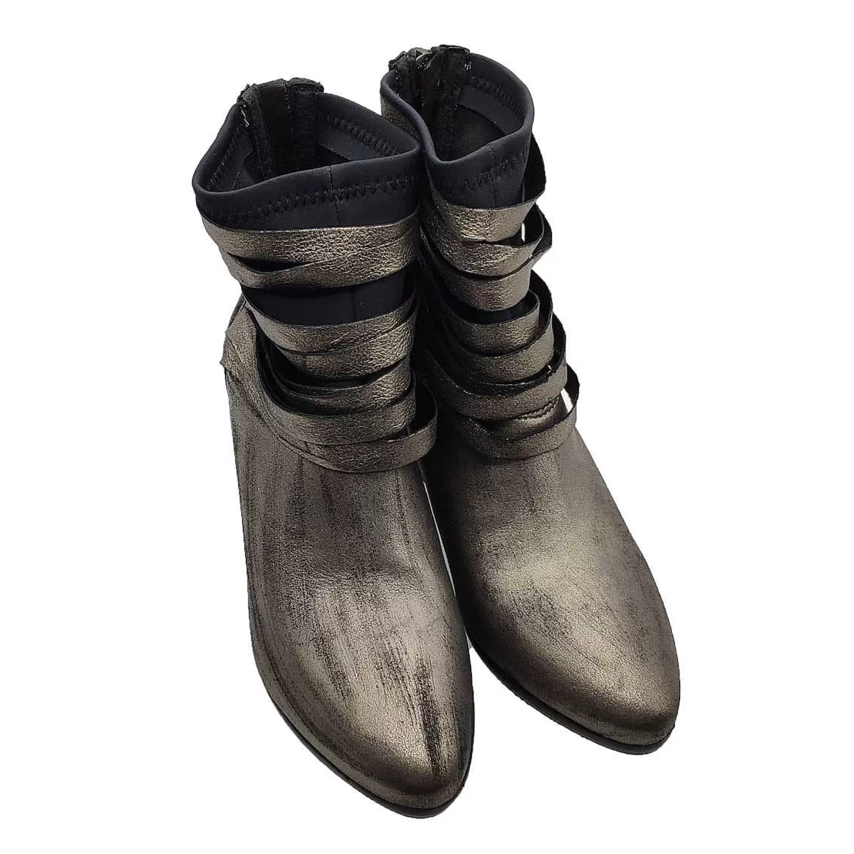 Calzature Donna Stivaletti In Pelle Laminata Argento Con Tagli Tono Su Tono E Tacco Medio** New
