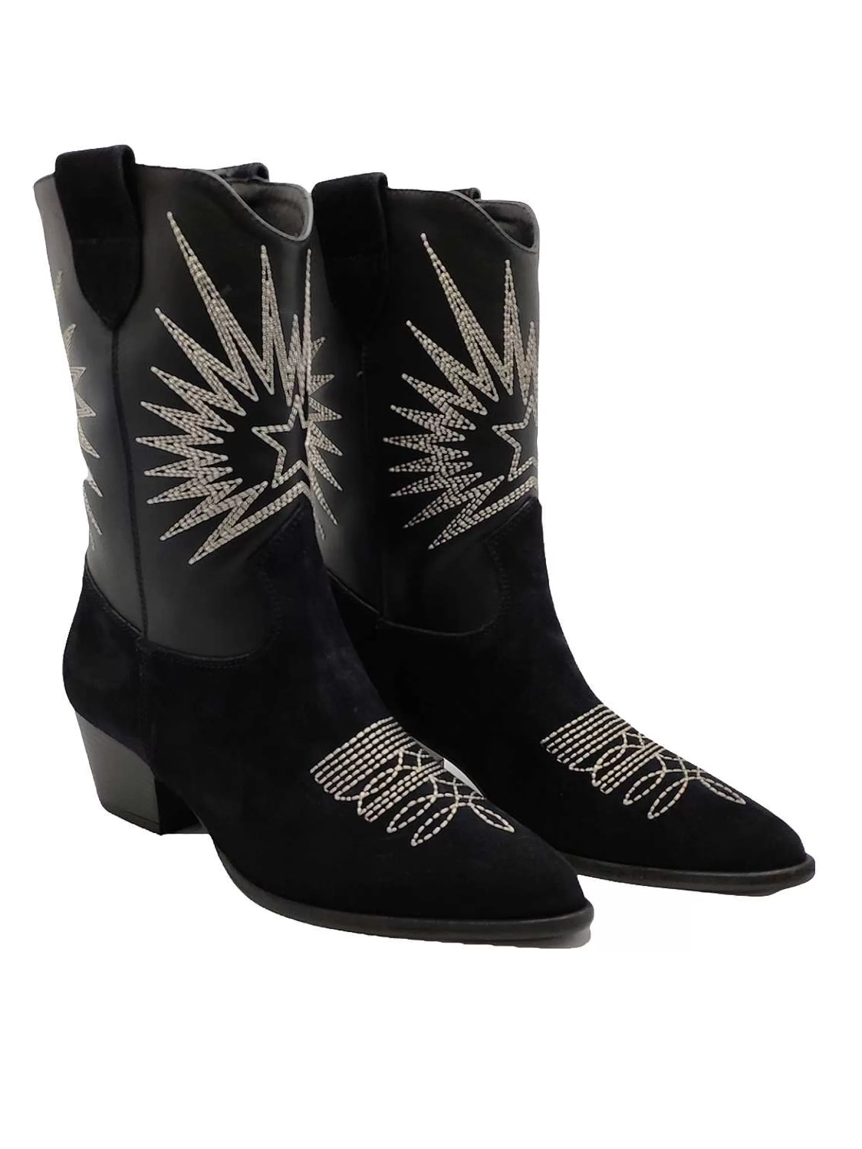 Calzature Donna Stivaletti In Pelle Scamosciata Nera Con Ricami E Tacco In Cuoio** Online