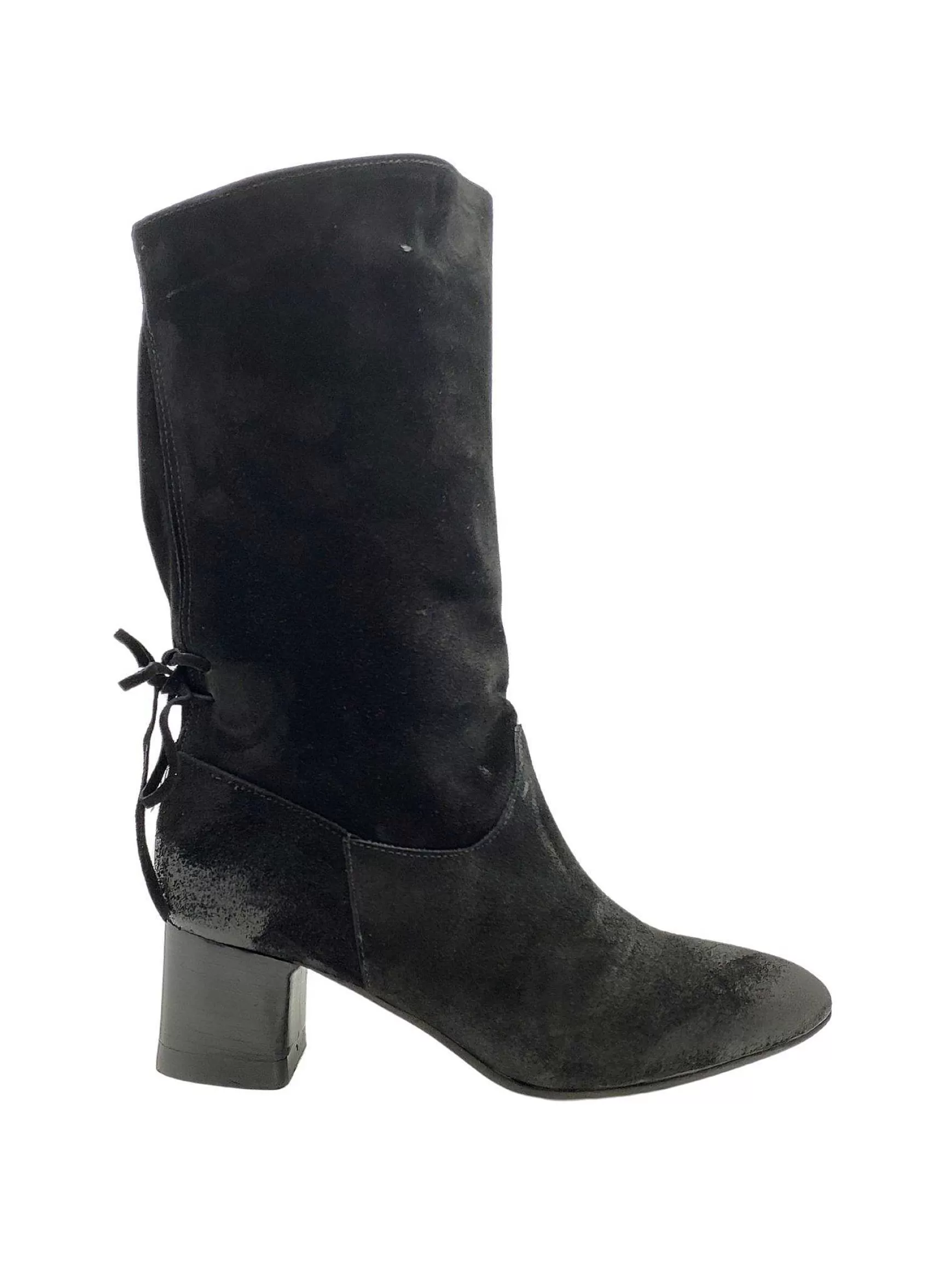 Calzature Donna Stivaletti In Pelle Scamosciata Nera Ingrassata Con Fiocco Posteriore E Tacco** Outlet