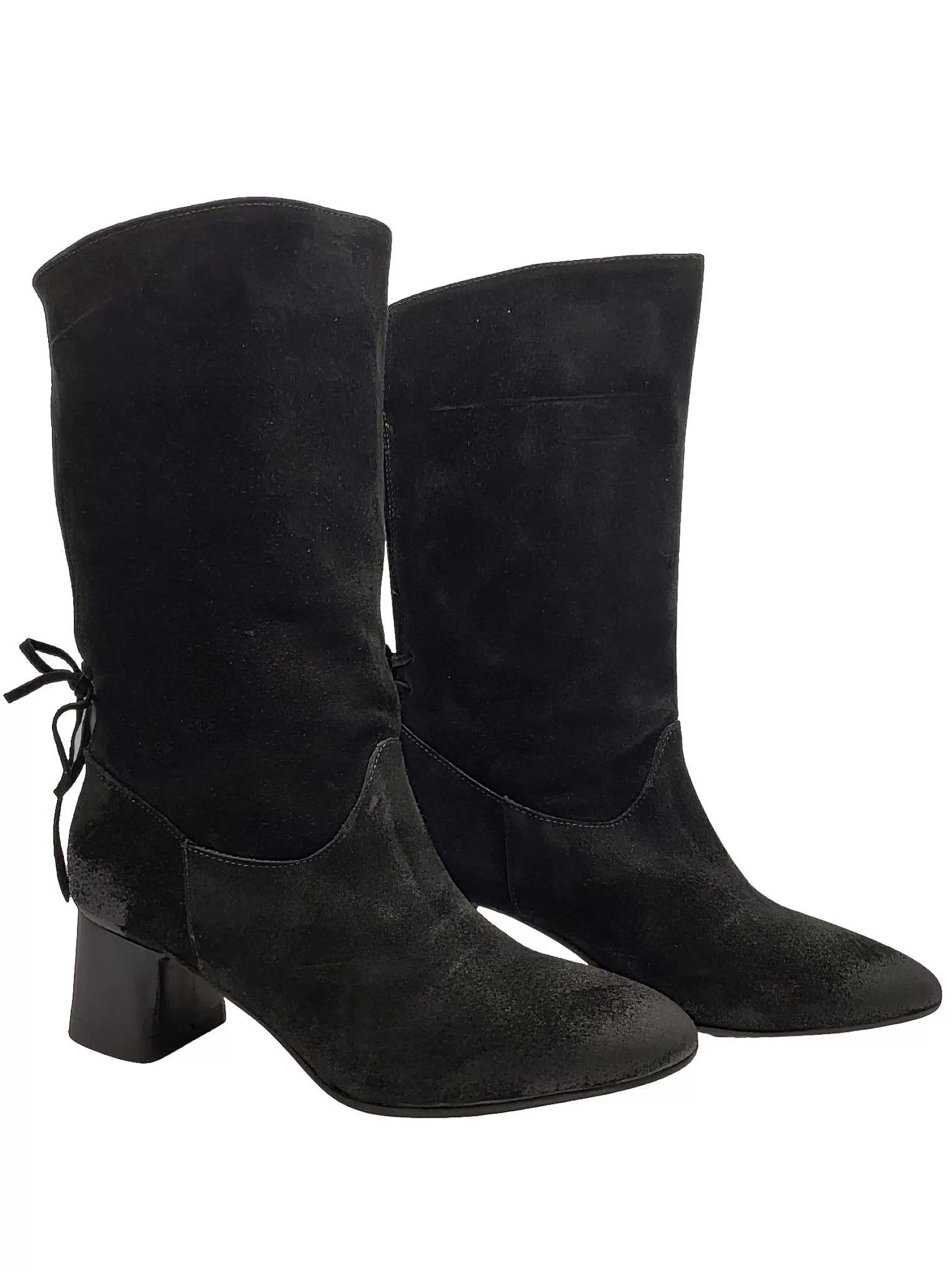 Calzature Donna Stivaletti In Pelle Scamosciata Nera Ingrassata Con Fiocco Posteriore E Tacco** Outlet