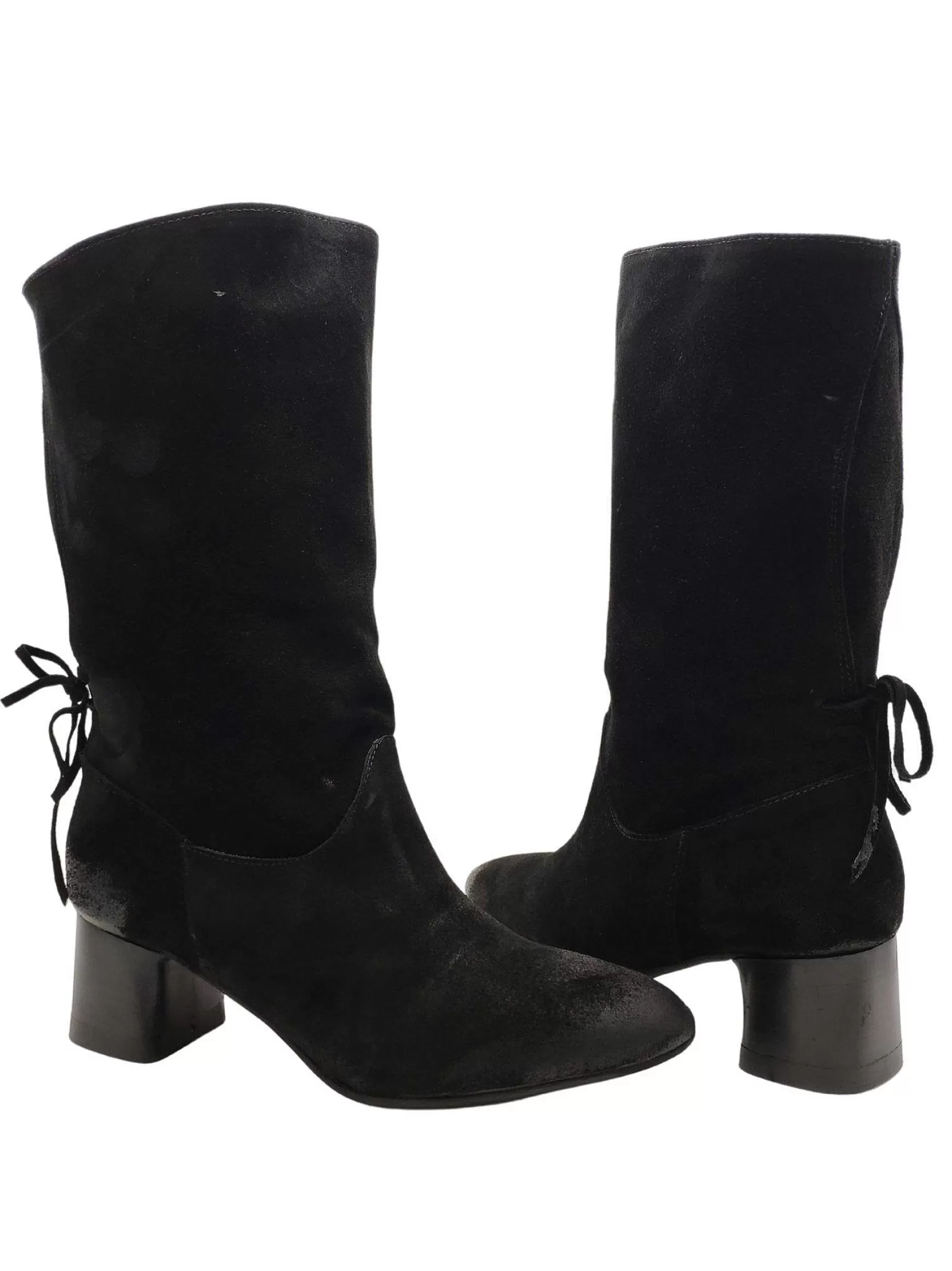Calzature Donna Stivaletti In Pelle Scamosciata Nera Ingrassata Con Fiocco Posteriore E Tacco** Outlet