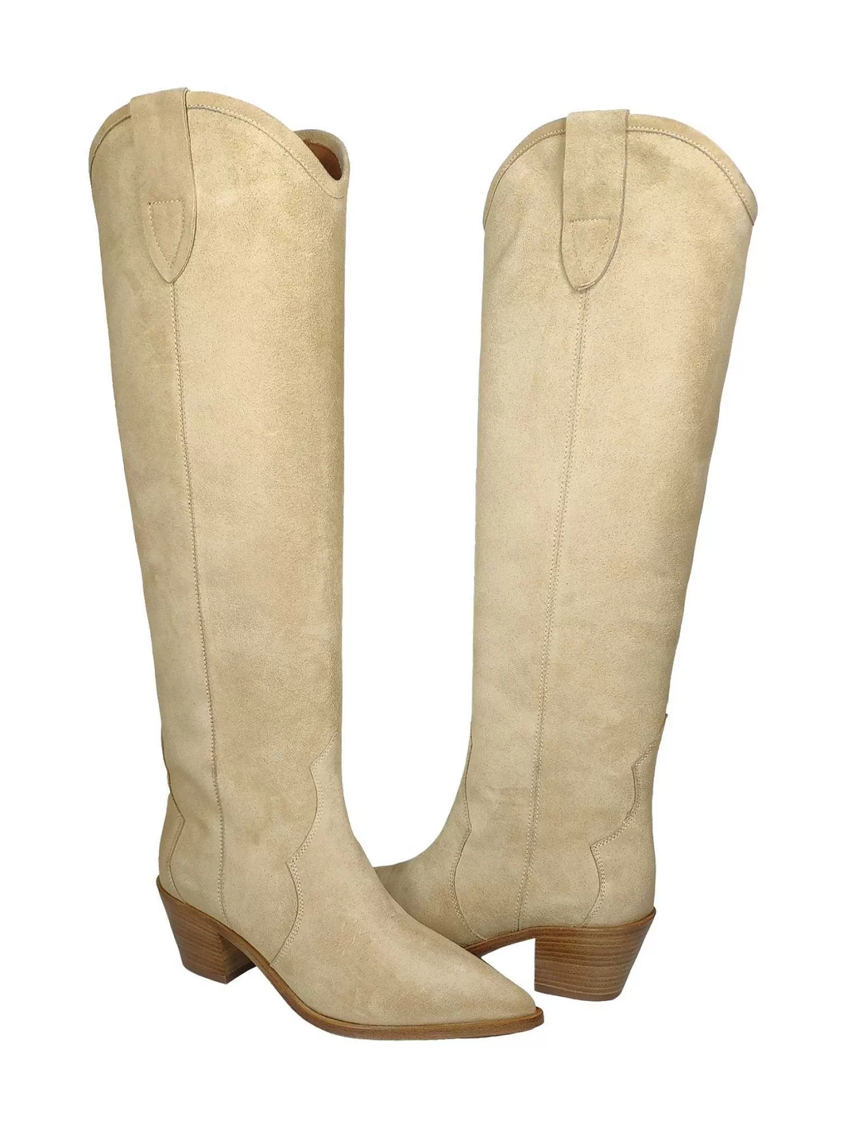 Calzature Donna Stivali Texani In Camoscio Beige Tacco In Cuoio*Bervicato Hot