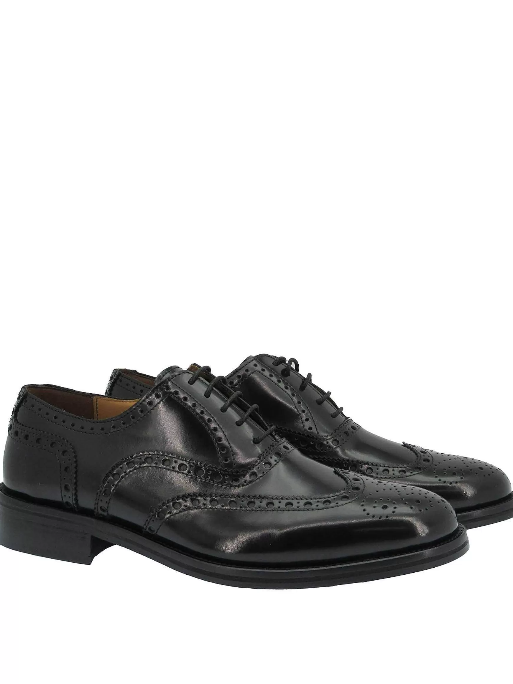 Calzature Uomo Stringate In Pelle Nera Lucida Con Impunture E Fondo In Cuoio*Rogal Fashion