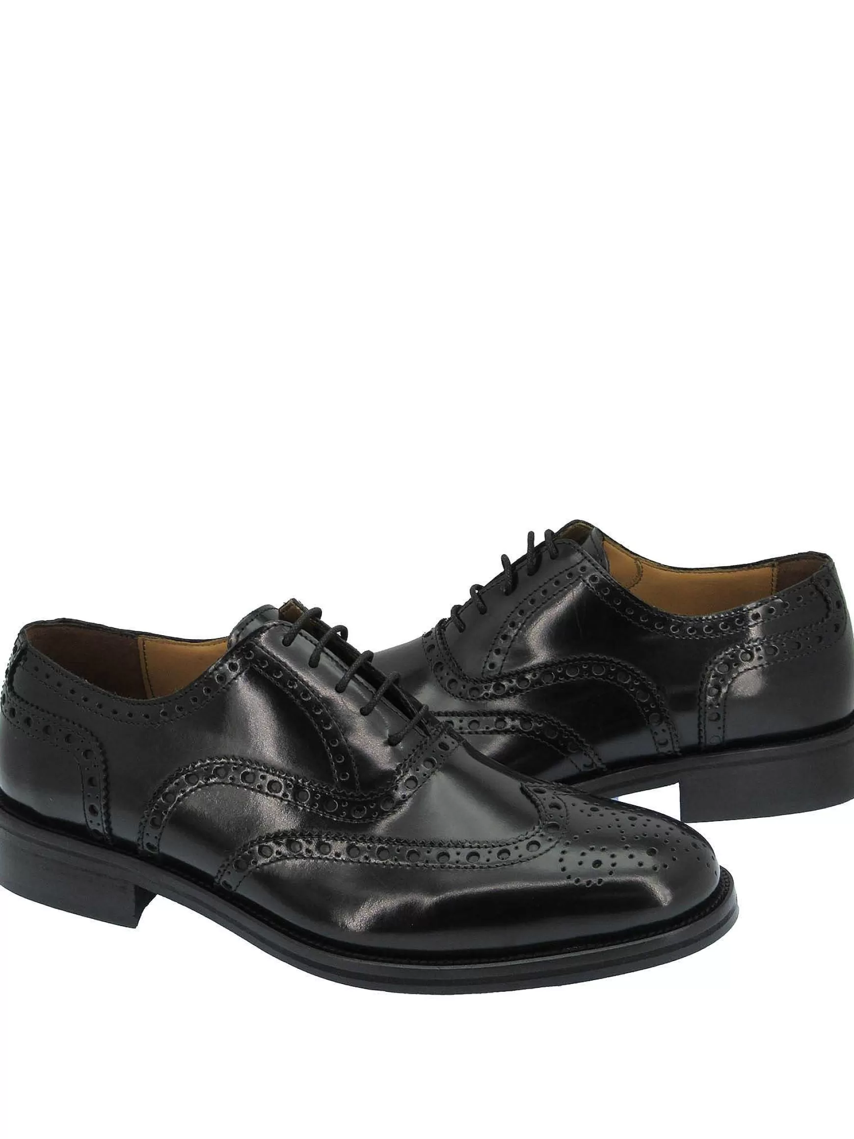Calzature Uomo Stringate In Pelle Nera Lucida Con Impunture E Fondo In Cuoio*Rogal Fashion