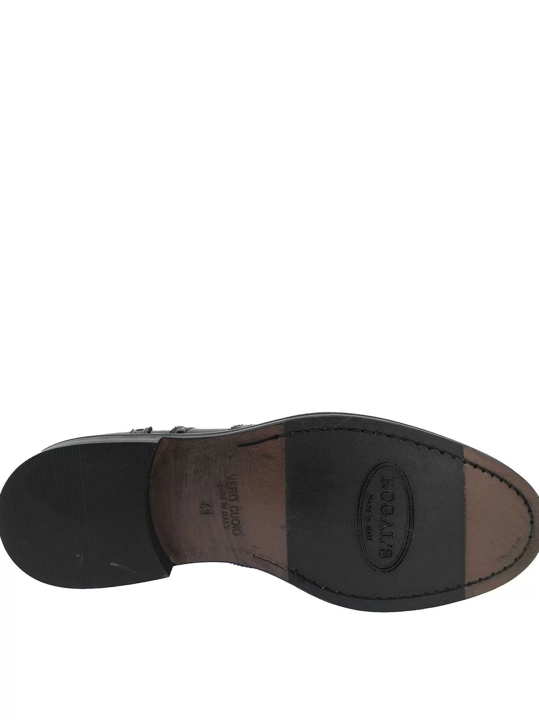Calzature Uomo Stringate In Pelle Nera Lucida Con Impunture E Fondo In Cuoio*Rogal Fashion