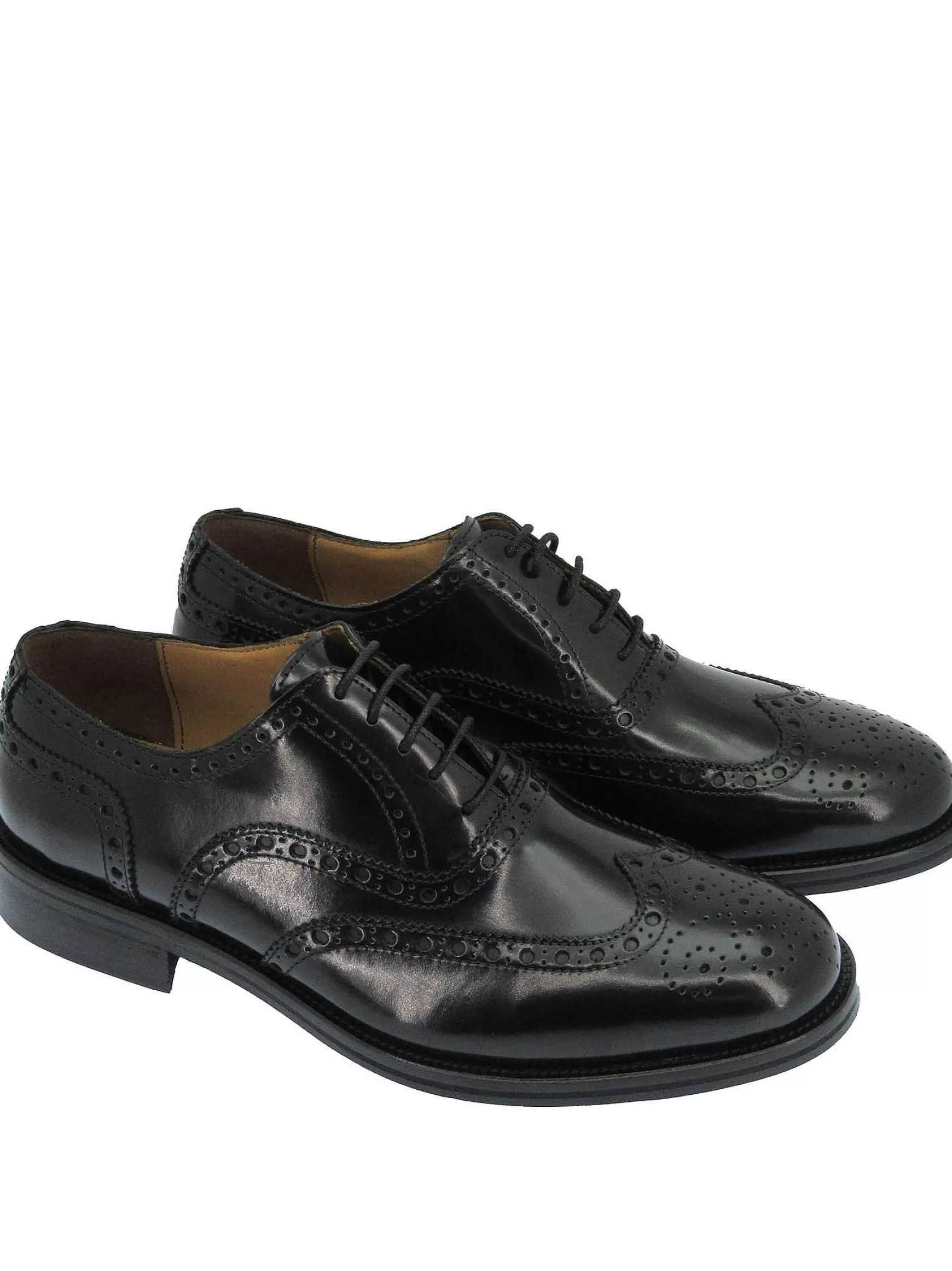 Calzature Uomo Stringate In Pelle Nera Lucida Con Impunture E Fondo In Cuoio*Rogal Fashion