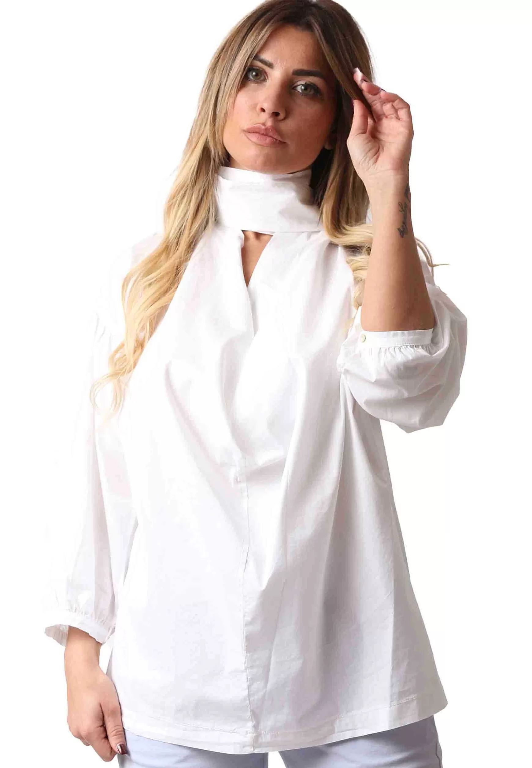 Camicia Donna Cuscus In Cotone Bianco Nodo Al Collo*TreBarraBi Cheap