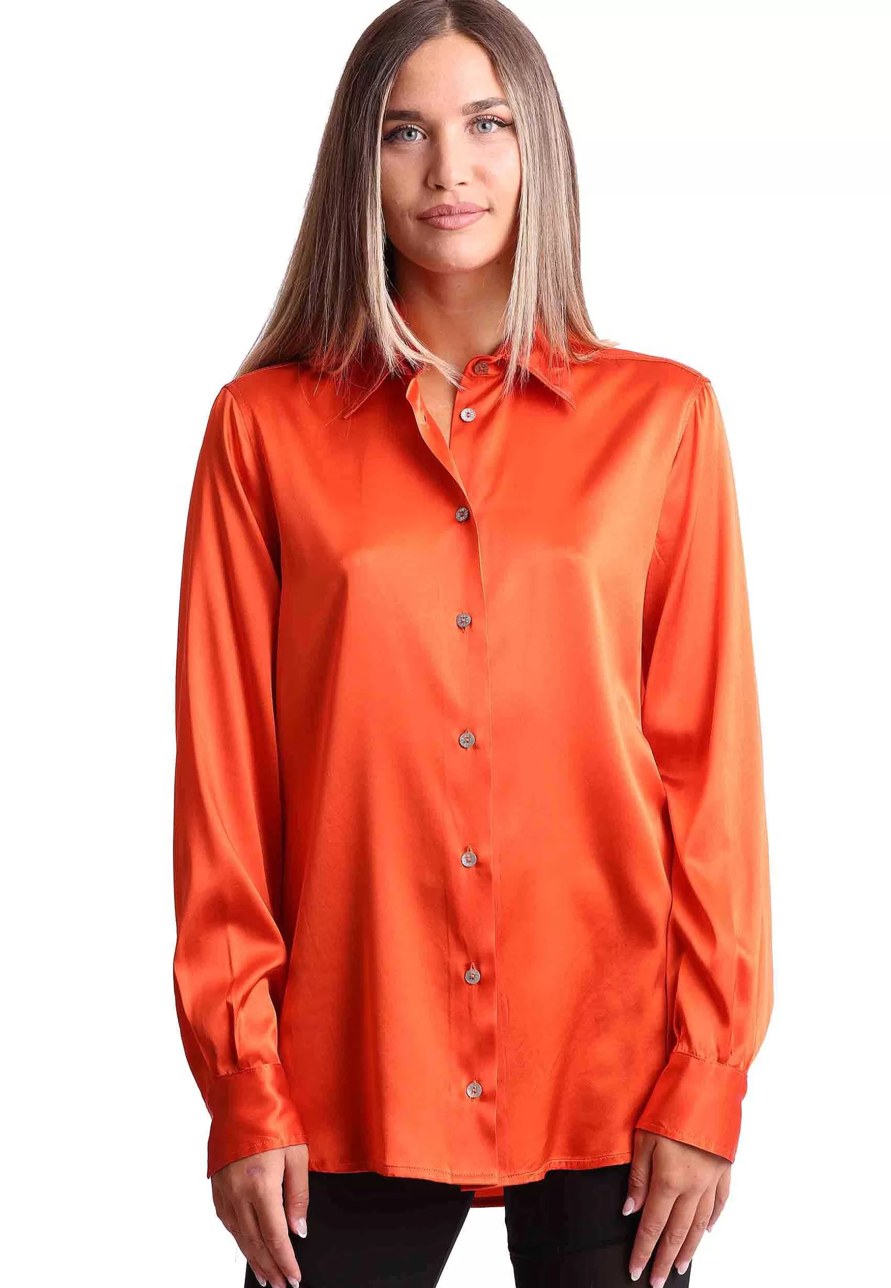 Camicie Donna Silk Satin In Seta Arancione Con Maniche Lunghe*Maliparmi Clearance