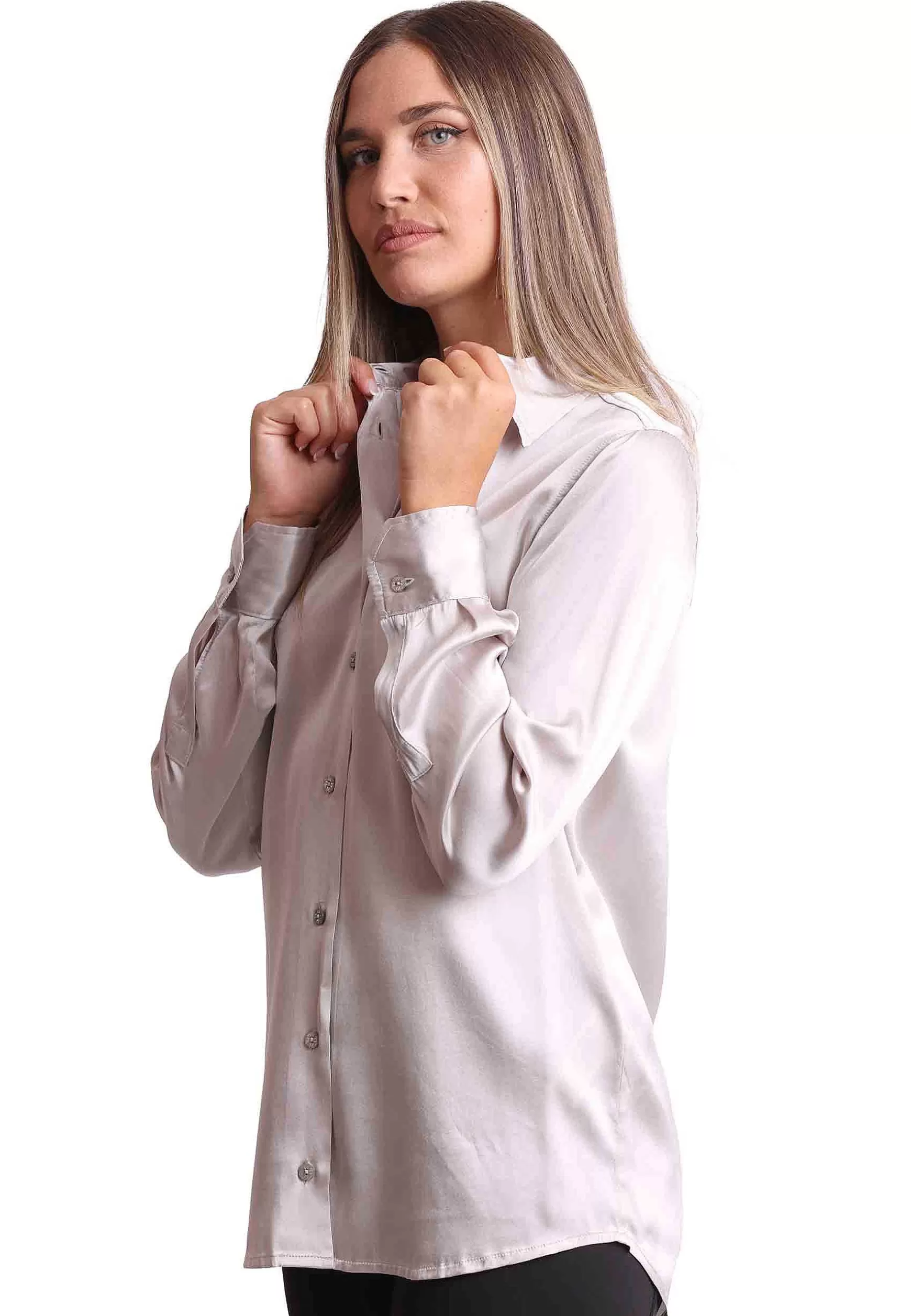 Camicie Donna Silk Satin In Seta Grigia Con Maniche Lunghe*Maliparmi Store
